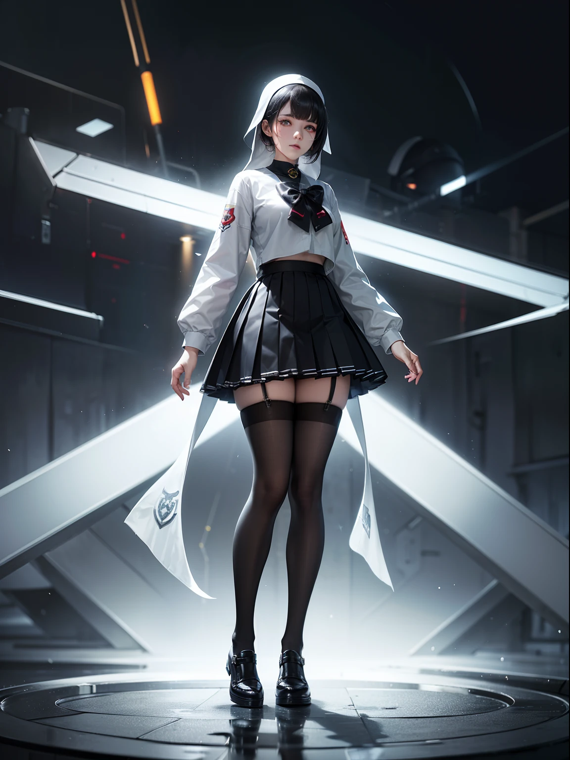 (full body:1.5)，(1girl:1.3),(looking at viewer:1.4)，(anatomy correct:1.3),(Wearing Mecha style nuns set JK uniform printed Ultra short pleated skirt and JK uniform leather shoes with bow decoration ，and Very thick Printed Lolita Pantyhose :1.35), (Light particle effect:1.3),(In pink | amarelo | blue colors| green color |red colors | white colors| black in color| purpleish color| greys| Beige| Flesh color 1.4)，(Glowing eyes:1.3),(Large amplitude action: 1.3)，(Accurate and perfect face:1.4),(Clothing Gloss:1.25),(Skin reflection:1.25),hyper HD, Ray traching, reflective light，structurally correct, Award-Awarded, high detal, lightand shade contrast, Face lighting，cinmatic lighting, tmasterpiece, super detailing, high high quality, high detal, best qualityer, 16k，high contrast,