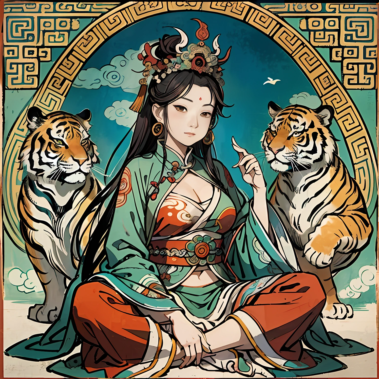 an ancient Chinese goddess, guanyin of the southern seas, Guanyin, Inspired by India, Avalokiteshvara rides a tiger,,Serene expression,shui mo hua,Buddha,Buddhist,Lotus,Chinese painting style,Thangka style