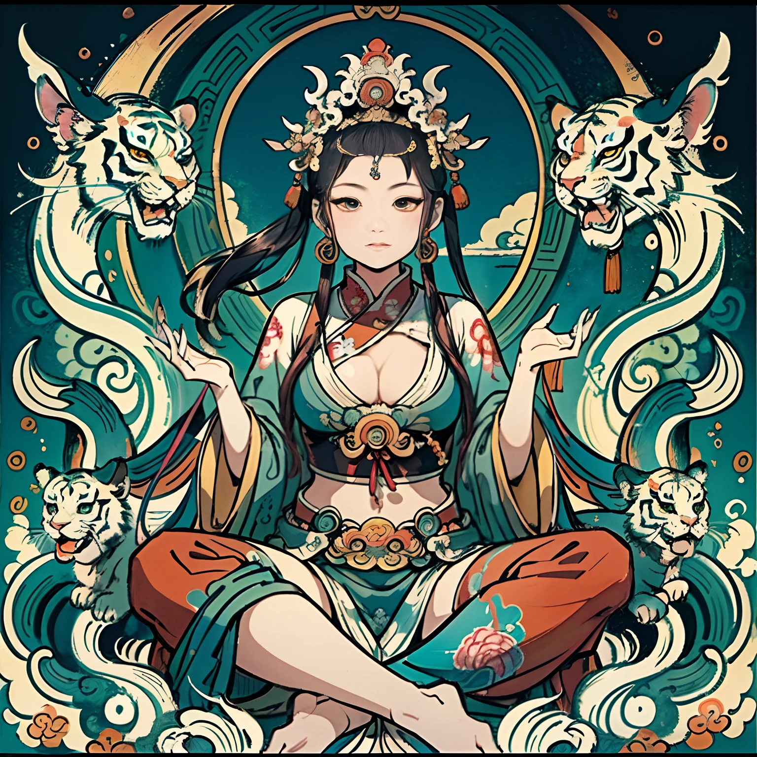 an ancient Chinese goddess, guanyin of the southern seas, Guanyin, Inspired by India, Avalokiteshvara rides a tiger,,Serene expression,shui mo hua,Buddha,Buddhist,Lotus,Chinese painting style,Thangka style