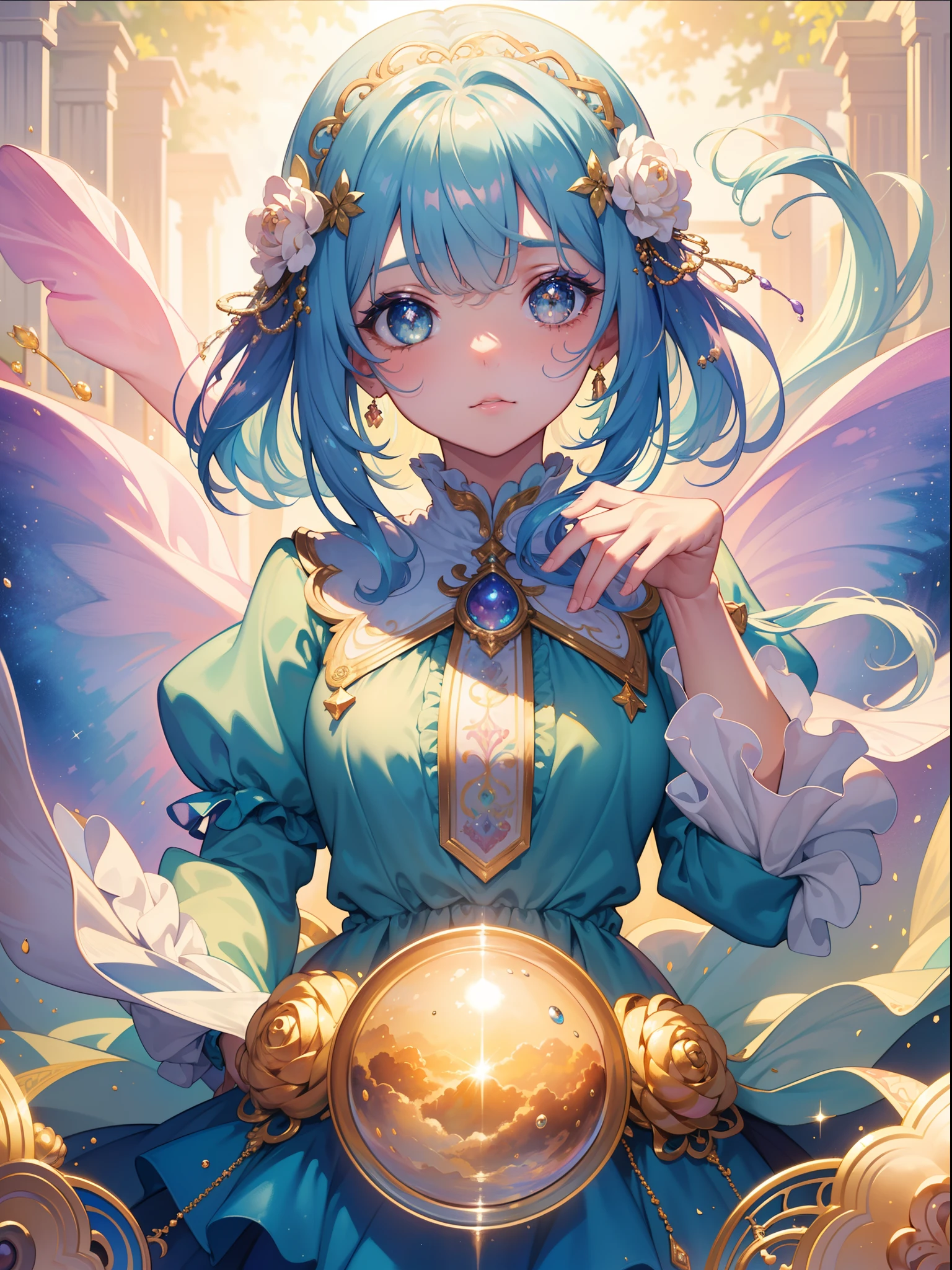 masterpiece, best quality, 8k resolution, sharp focus, intricate detail, beautiful girl, sparkling eyes, golden ratio face, otherworldly liquid, watercolor, pastel colors, bright colors, whimsical, colorful, sharp focus, high resolution, fine detail, ((layered tiered puffy long sleeves ballgown)), ((round eyes)), iridescent bubbles, fantasia background