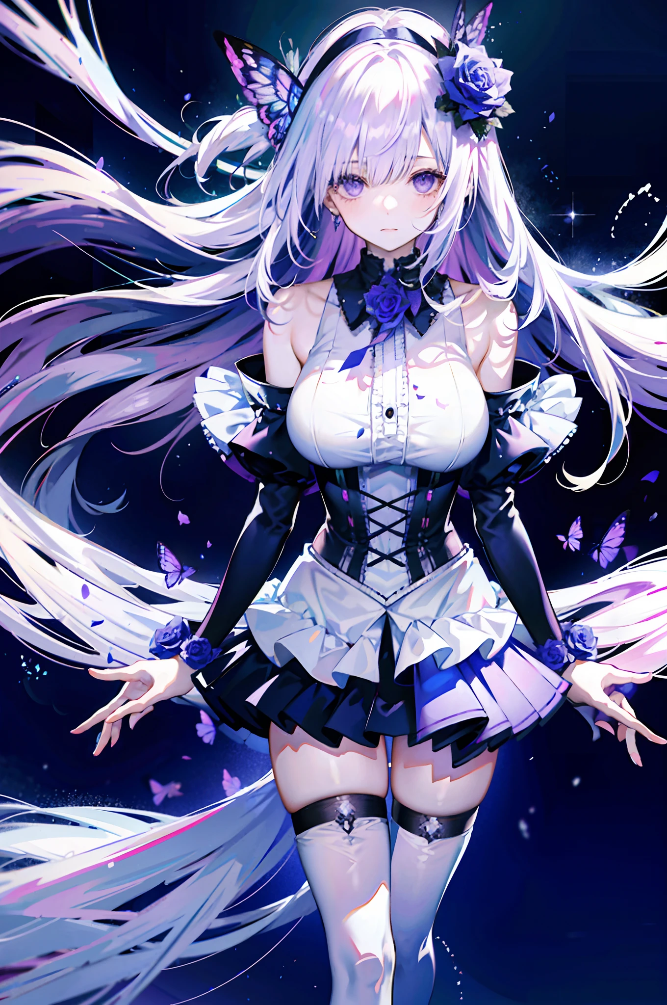 silber hair，butterflys，long whitr hair，8k wallpaper，detailedbackground，Highest high resolution，deep v big breasts，Hair covers one eye，Bandeau，chies，Purple roses，tight-fitting，High socks，stocklings