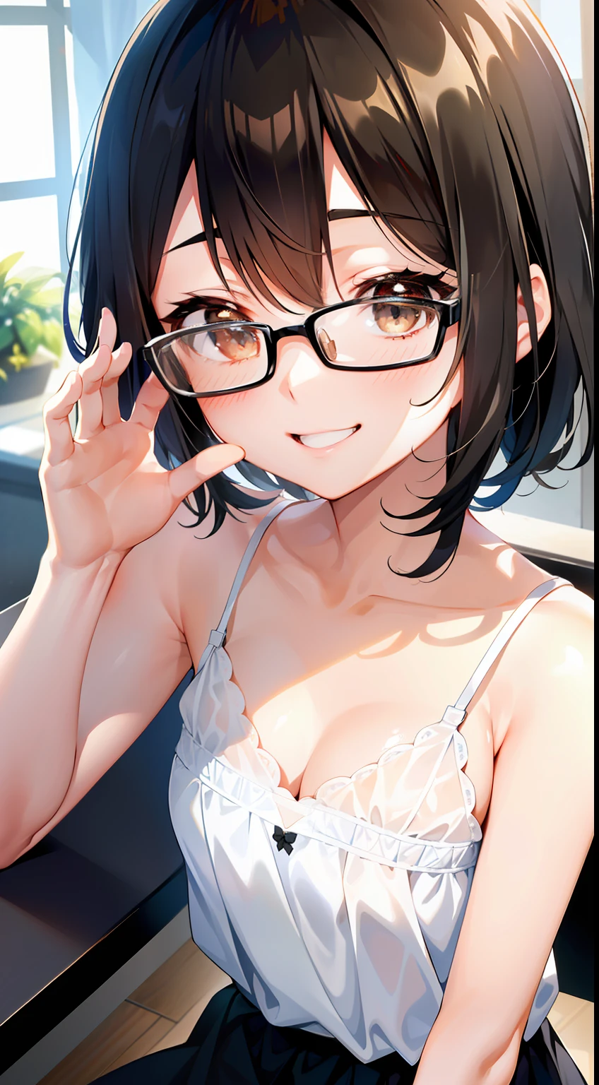 (masutepiece, Best Quality, Capture super cute moments, depth of fields, ultra-detailliert, Ultra High Resolution, C4D, Octadale, 3D Modeling, 8K, 16 K, girl with、a junior high school student、A dark-haired、short-hair、straight haired、Light brown eyes、hair adornments、wearing black glasses、A smile、cute face)、White lace camisole