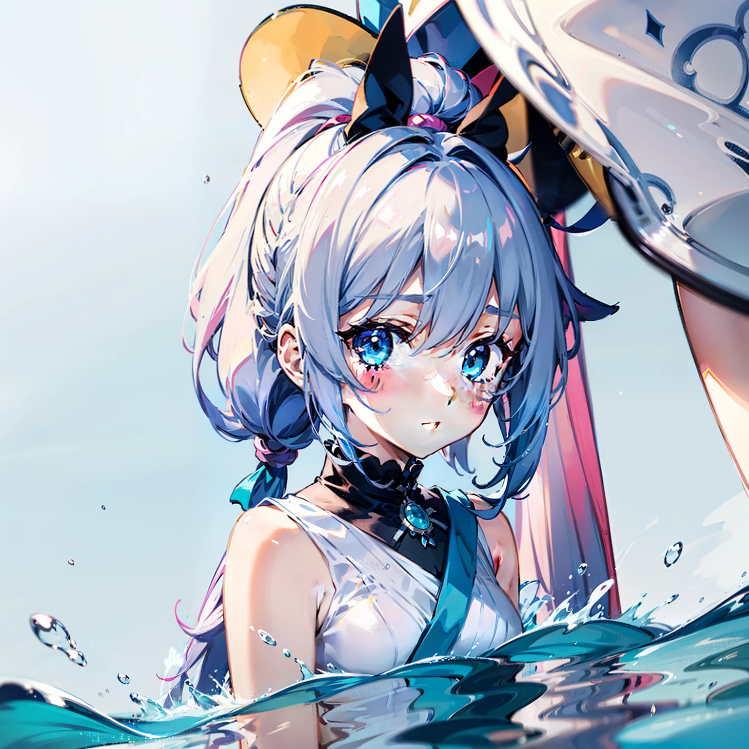 Against the background of the element of water,Blue double ponytail,Soft and creamy white clothes,There are pink shawls,It has a cute and milky big collar,Cute little girl,Two-dimensional style