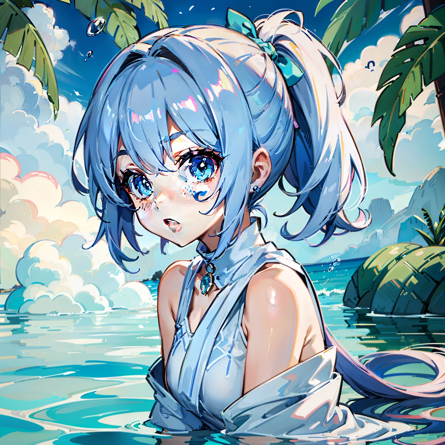 Against the background of the element of water,Blue double ponytail,Soft and creamy white clothes,There are pink shawls,It has a cute and milky big collar,Cute little girl,Two-dimensional style