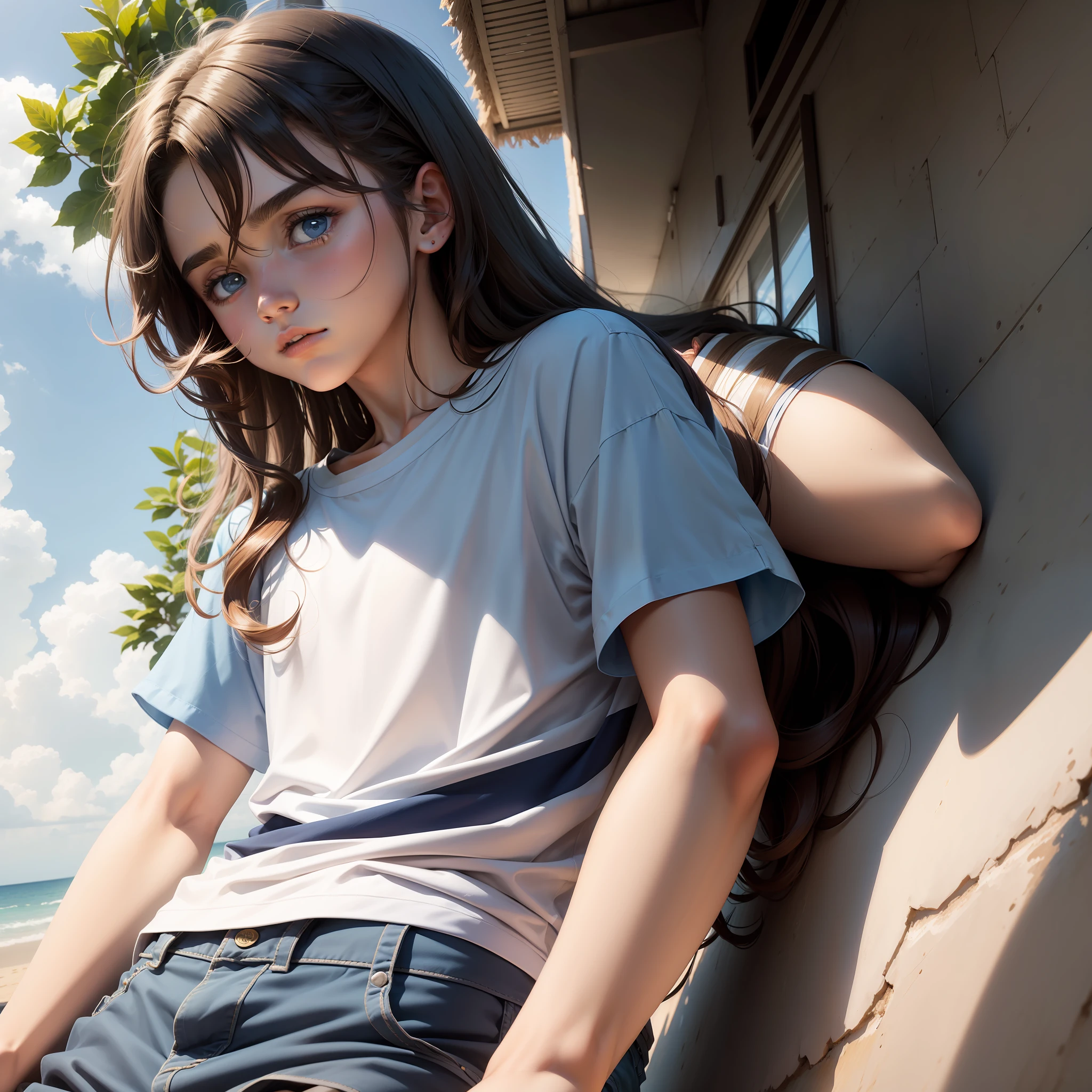 Medium to long haired teenage male,brunette color hair,Bright eyes,White loose short sleeves,Navy blue shorts,Lazy and casual,Blue skies,summer shade,Life scenes