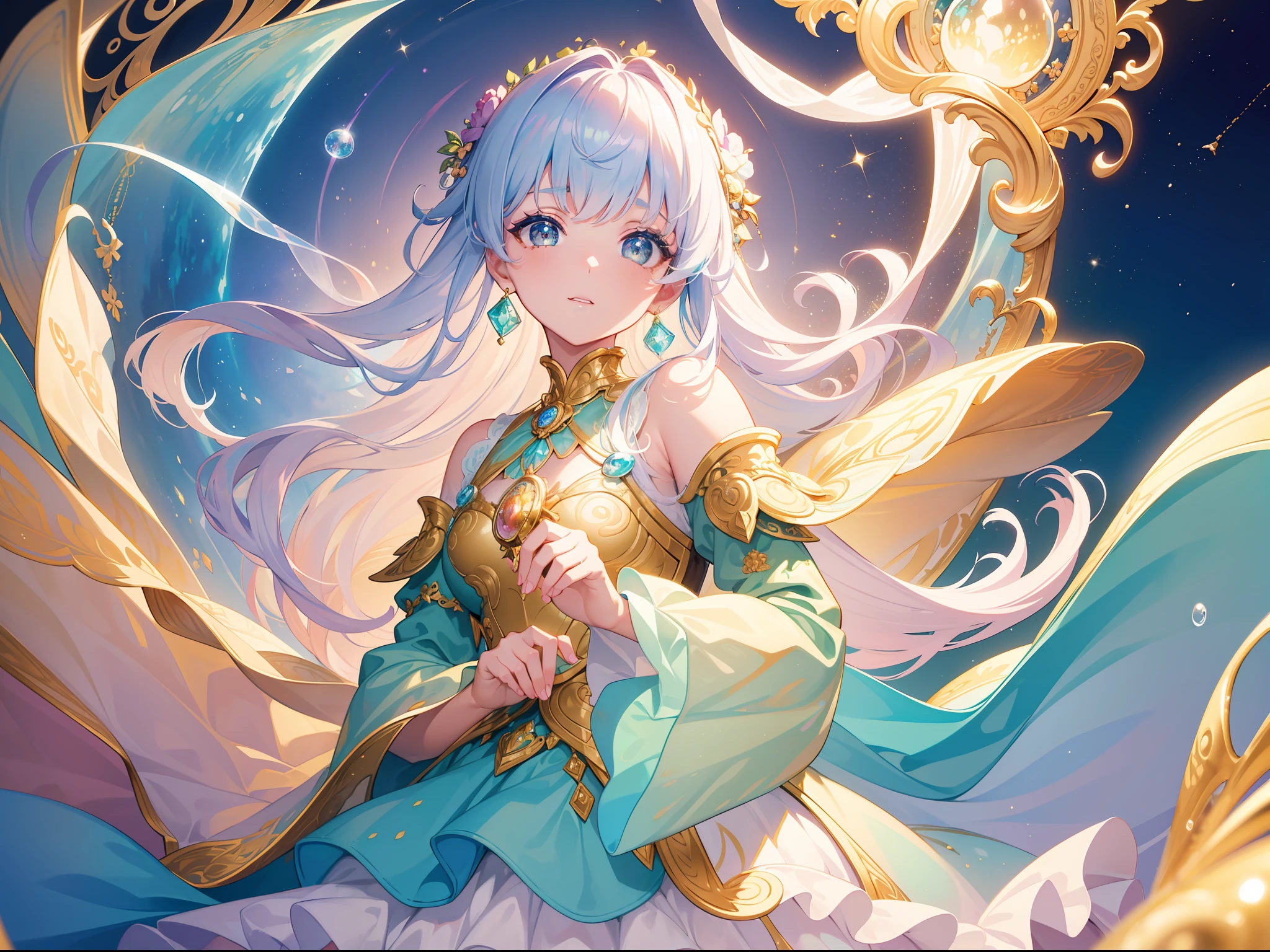 masterpiece, best quality, 8k resolution, sharp focus, intricate detail, beautiful girl, sparkling eyes, golden ratio face, otherworldly liquid, watercolor, pastel colors, bright colors, whimsical, colorful, sharp focus, high resolution, fine detail, ((layered tiered puffy long sleeves ballgown)), ((round eyes)), iridescent bubbles, fantasia background