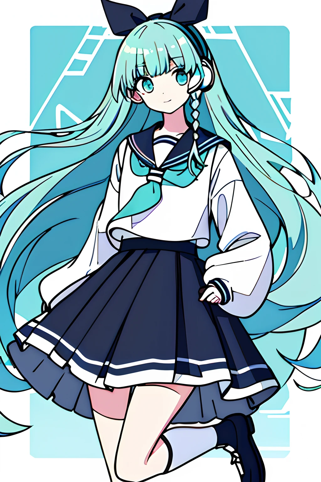 tmasterpiece， Complicated details， Best quality at best， color difference， 1girll， Angelise，独奏， a skirt， long whitr hair， upper legs，a sailor suit ， White top， a black skirt，long white socks， are standing， 无袖， Earphone， Water-colored eyes， Aqua hair， full bodyesbian， The shirt， simple backgound， Zettai Ryouiki， Very long hair， white backgrounid， Tattooed with， blackfootwear， Lemon hair accessories，introverted