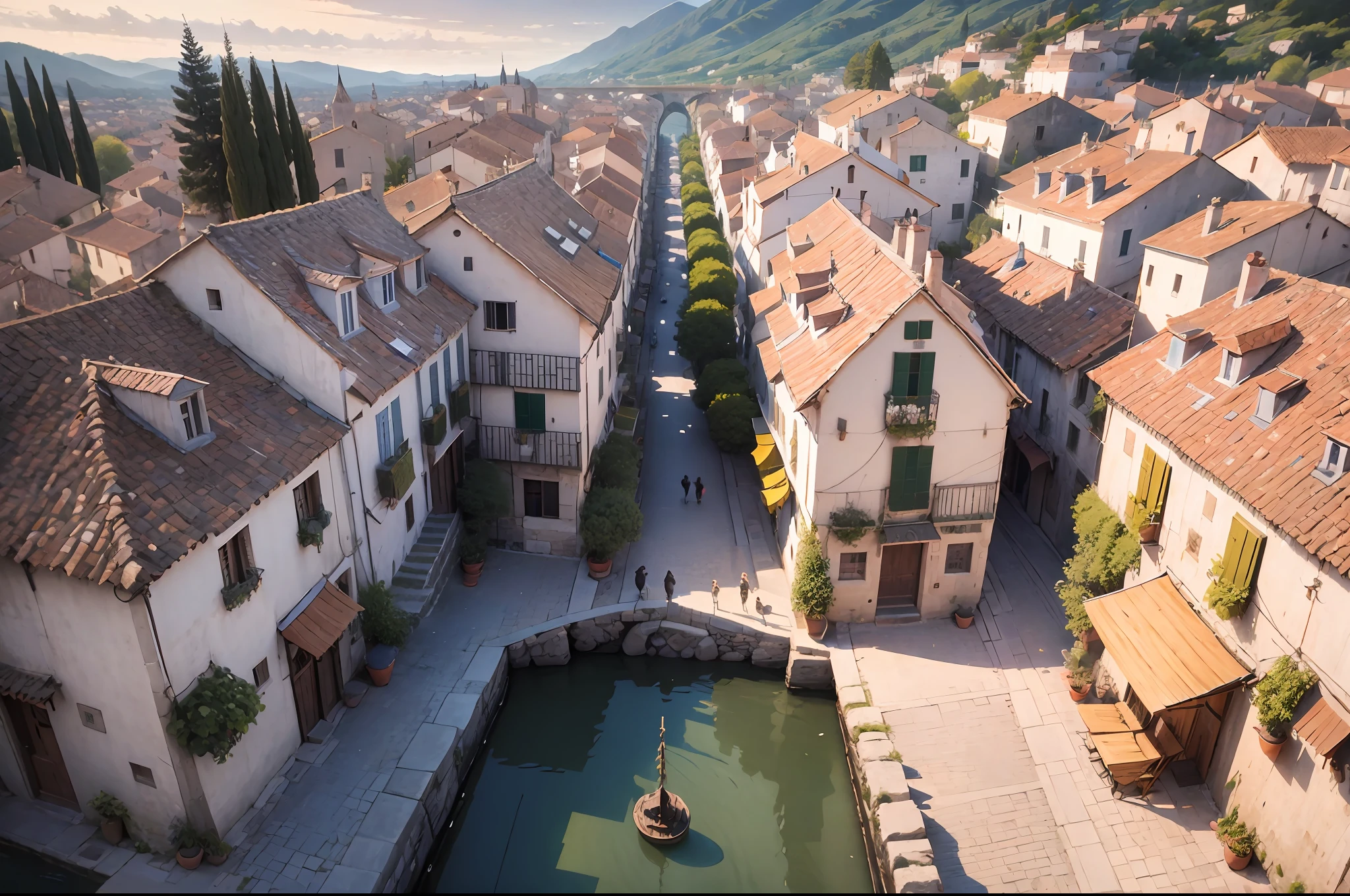 Bird's eye view of a narrow street,, Medieval architecture,   Stone and wooden buildings、No humans、unmanned、leisure、Silence、Vanishing point on the right、wide-angle lens、look down from above、Spanish villages、Italian villages、polypubic hair々Less stuff、Few houses