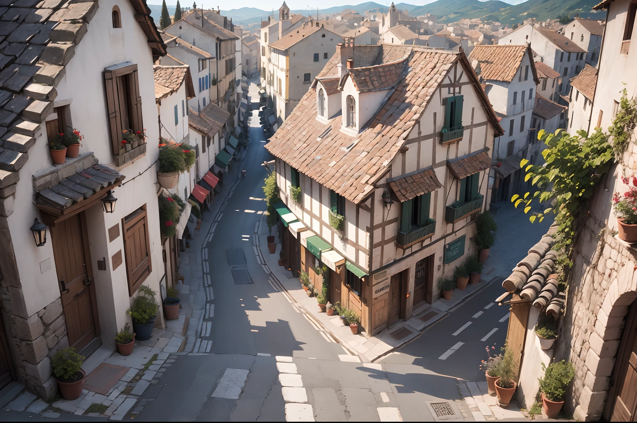 Bird's eye view of a narrow street,, Medieval architecture,   Stone and wooden buildings、No humans、unmanned、leisure、Silence、Vanishing point on the right、wide-angle lens、look down from above、Spanish villages、Italian villages、polypubic hair々Less stuff、Few houses