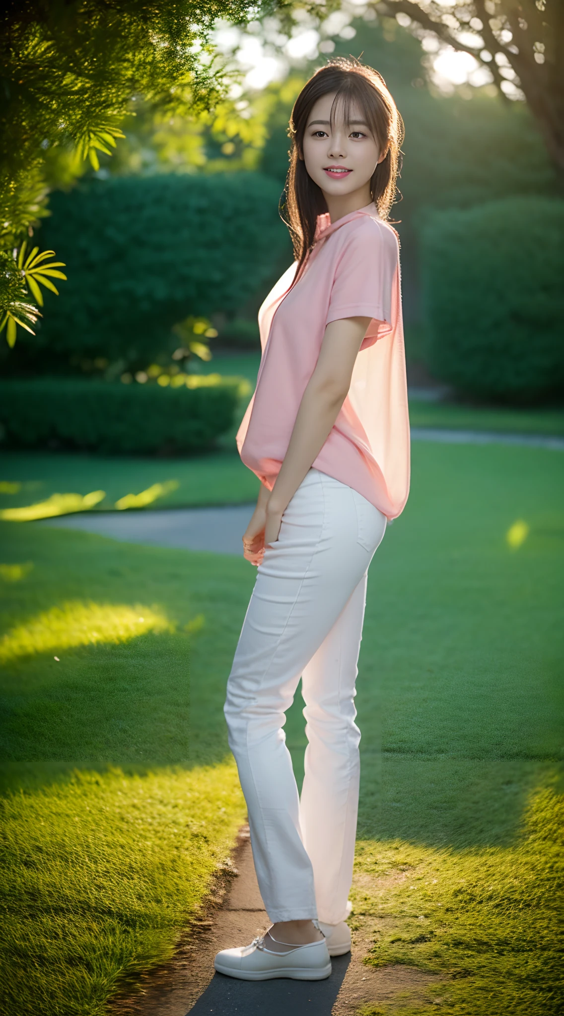 1 beautiful woman taking pictures on the grass of the villa，RAW photos，tmasterpiece，（highdetailskin：1.2），8k ultra high definition，digital SLR camera，gentlesoftlighting，high high quality，filmgrain，富士XT3，20 years old Asian woman，Wear simple clothes，（White long nurse uniform:1.2 and long skinny jeans:0.7，Detailed clothing details:1.3），perfect body figure，Perfect breasts and nipple bulge，The legs are straight and slender，Branded stylish shoes:0.6，Super detailed facial details and skin，Fair pink face and skin，The skin is pink，with light glowing，二重まぶた，Super detailed eyes，Sweet smiling，Wear a mask:1.5， (Gloss on lips, eyeslashes, Glossy face, Best quality, Super high resolution, warm color，Wide lighting, naturalshadow),taken from behind， Show off your beautiful body, Full body shooting: 1.8