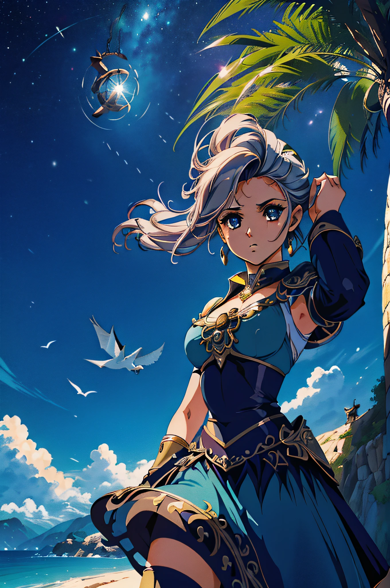 (obra-mestra), (Ultra resolution), (background de rpg), (solo), (garota elfa, garota bonita, ((garota em destaque)), cabelos cinzas, cabelos curtos ondulados, pintura facial preta, armadura doe viagem no tempo, Armor with watch on chest, sem elmo), (hair swaying in the wind), (expression of determination), (dynamic camera), (Cinematic colors), (vivid colors of adventure), (magia)