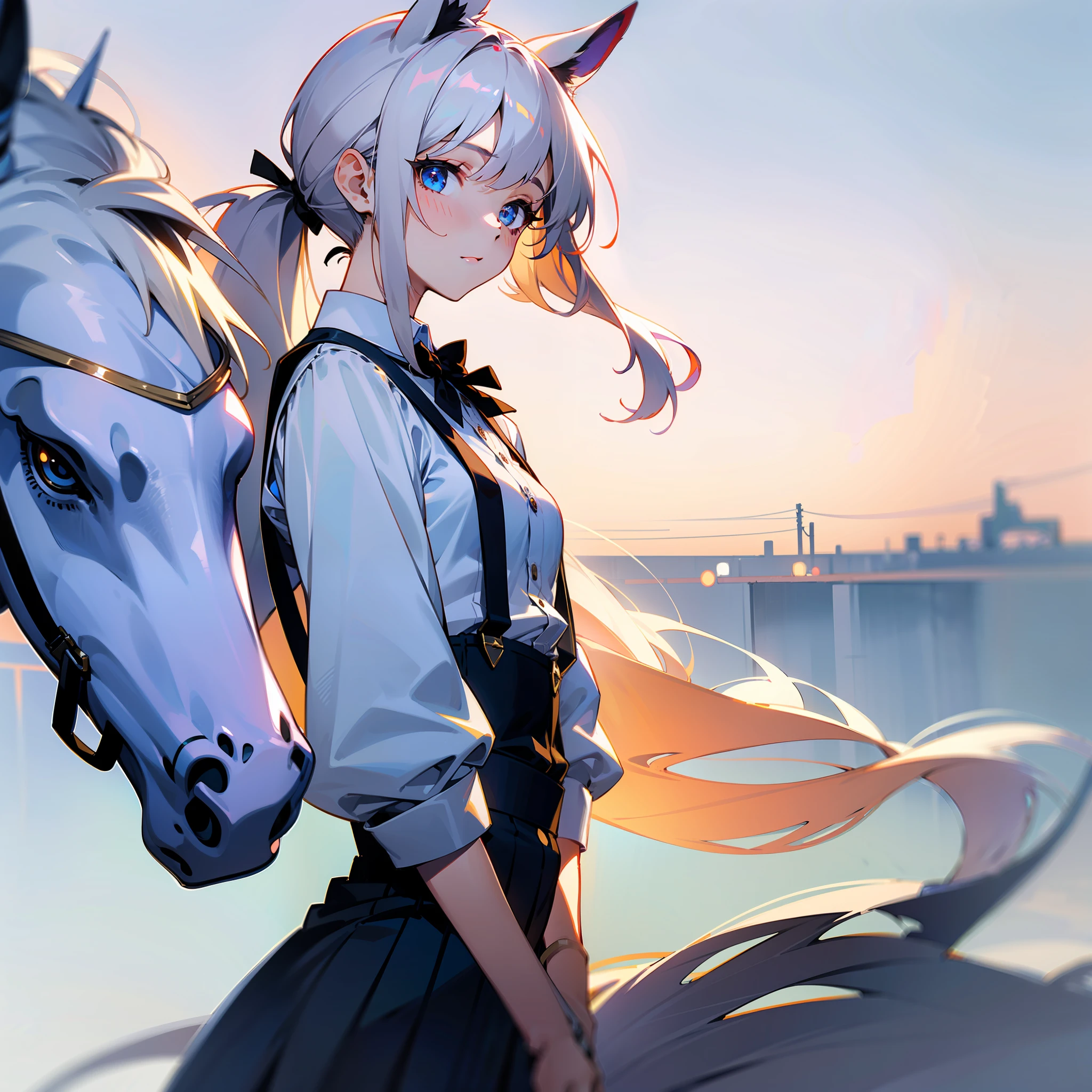 Masterpiece, Best quality, High quality, 1girll,Solo, Male focus, view the viewer, White long horse ears,White long single ponytail,JK school uniform,Absolute realm,facing to audience,medium boob,conservativelydressed,The upper part of the body,From the side Side,Black silk suspenders,Casual style