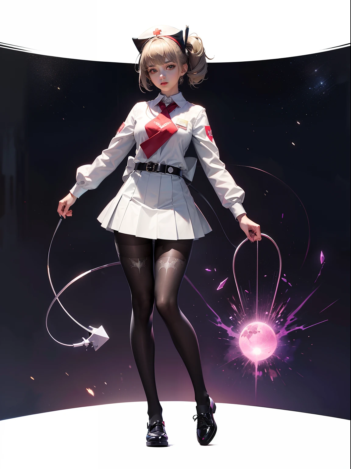 (full body:1.5)，(1girl:1.3),(looking at viewer:1.4)，(anatomy correct:1.3),(Wearing Spider Man style nurse suit JK uniform printed Ultra short pleated skirt and JK uniform leather shoes with bow decoration ，and Very thick Printed Lolita Pantyhose :1.35), (Light particle effect:1.3),(In pink | amarelo | blue colors| green color |red colors | white colors| black in color| purpleish color| greys| Beige| Flesh color 1.4)，(Glowing eyes:1.3),(Large amplitude action: 1.3)，(Accurate and perfect face:1.4),(Clothing Gloss:1.25),(Skin reflection:1.25),hyper HD, Ray traching, reflective light，structurally correct, Award-Awarded, high detal, lightand shade contrast, Face lighting，cinmatic lighting, tmasterpiece, super detailing, high high quality, high detal, best qualityer, 16k，high contrast,