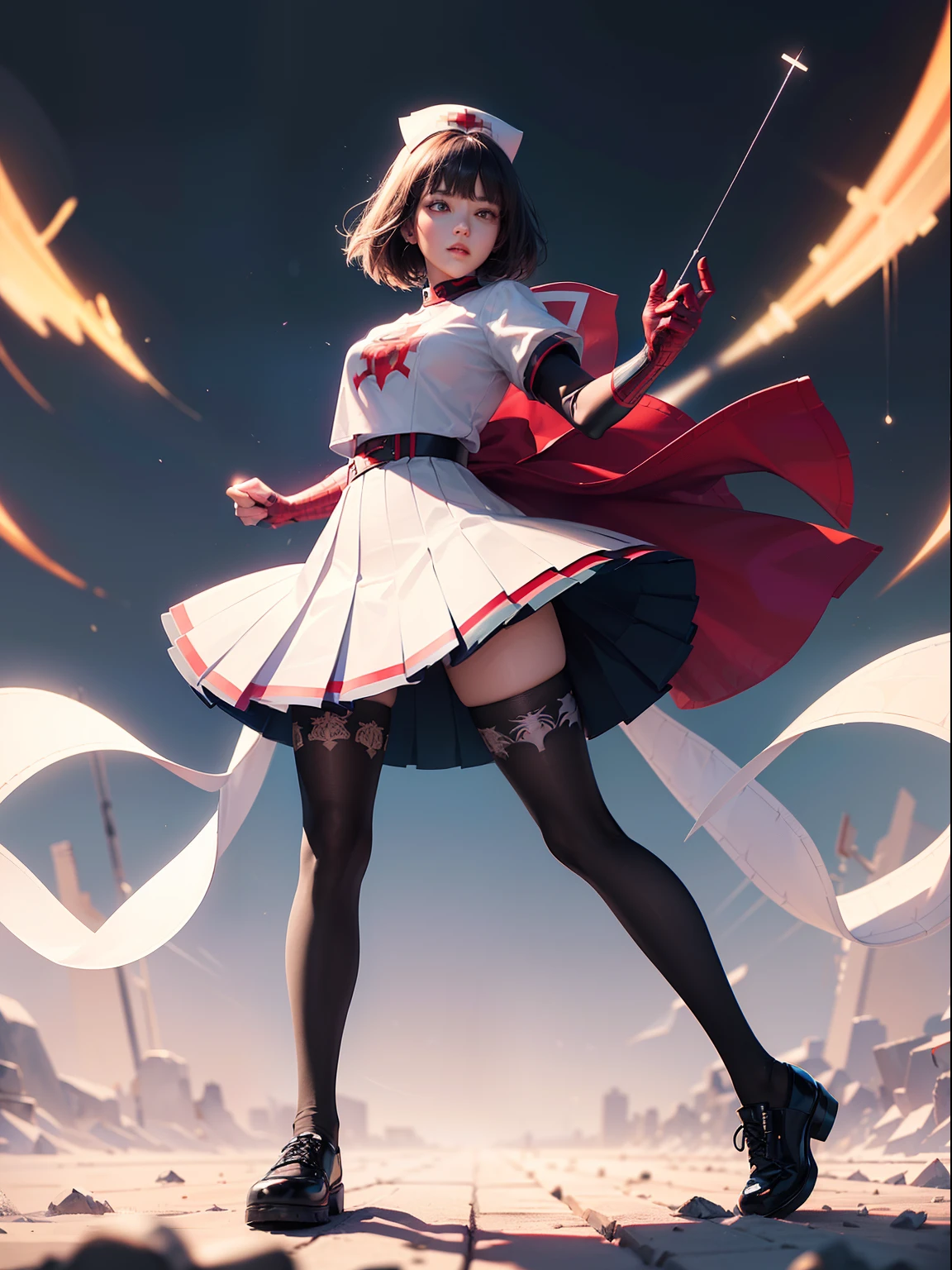 (full body:1.5)，(1girl:1.3),(looking at viewer:1.4)，(anatomy correct:1.3),(Wearing Spider Man style nurse suit JK uniform printed Ultra short pleated skirt and JK uniform leather shoes with bow decoration ，and Very thick Printed Lolita Pantyhose :1.35), (Light particle effect:1.3),(In pink | amarelo | blue colors| green color |red colors | white colors| black in color| purpleish color| greys| Beige| Flesh color 1.4)，(Glowing eyes:1.3),(Large amplitude action: 1.3)，(Accurate and perfect face:1.4),(Clothing Gloss:1.25),(Skin reflection:1.25),hyper HD, Ray traching, reflective light，structurally correct, Award-Awarded, high detal, lightand shade contrast, Face lighting，cinmatic lighting, tmasterpiece, super detailing, high high quality, high detal, best qualityer, 16k，high contrast,