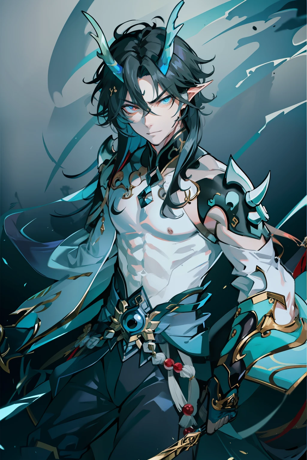 （absurderes，A high resolution，Hyper-detailing，hdr），Dragon's horn，Gold eyes，younge boy，tmasterpiece，best qualtiy，1人，独奏，Handsome，Fine eyes and detailed face，toppless，Tattooed with，arma，pervert smirk，Abs，chest muscle，Raised sexy，Ruffian，Show your temperament，Male，masculine appeal，Male characteristics are distinct，Long messy hair，Arrogant self-confidence，The majestic man holds a spear，Legs crossed