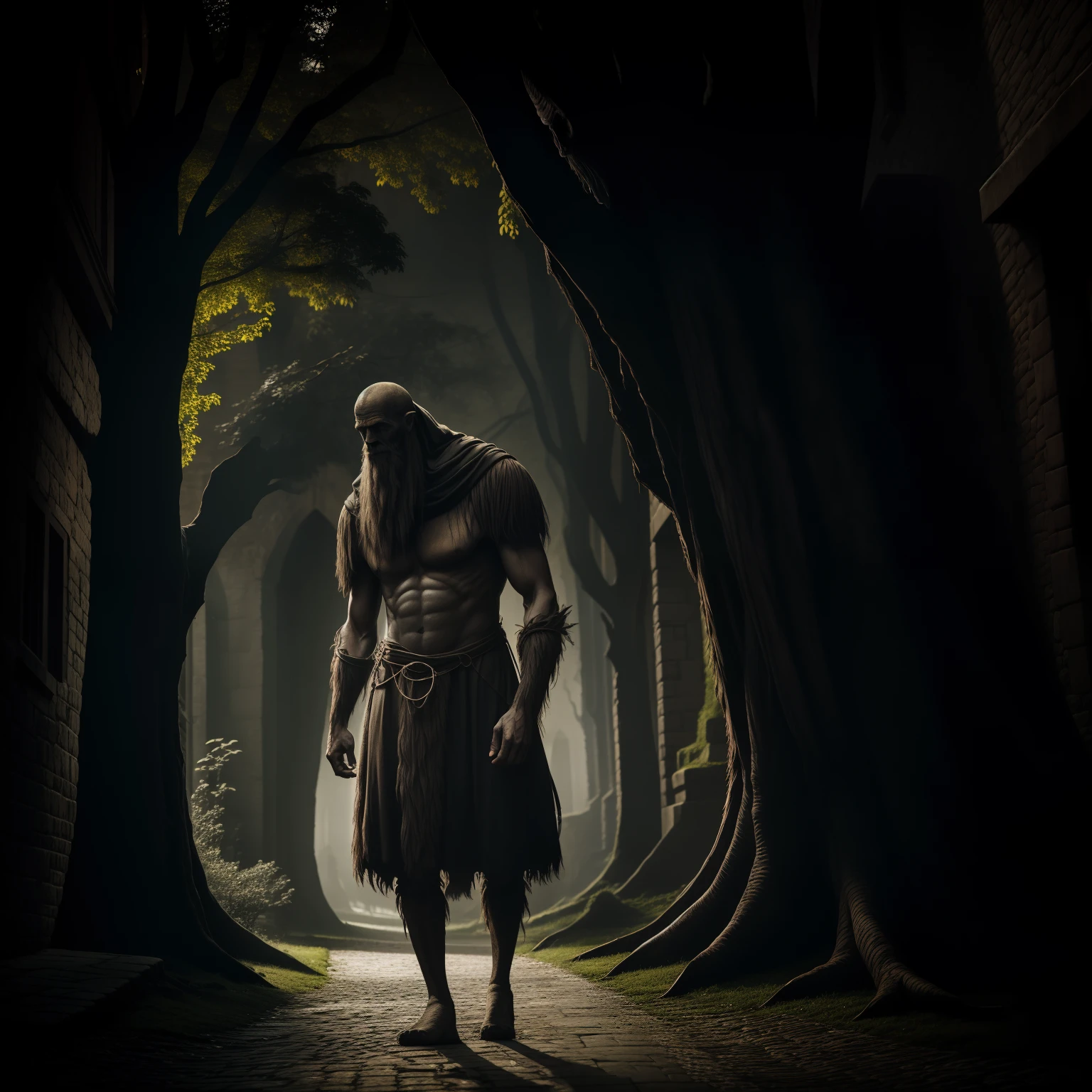 monster, Tree Monster, Tall stature, Resemblance to a person, human face, human anatomy, Dark background tones, dull tones, Gray tones, Location: Medieval City, on two legs, Top Quality, tmasterpiece,