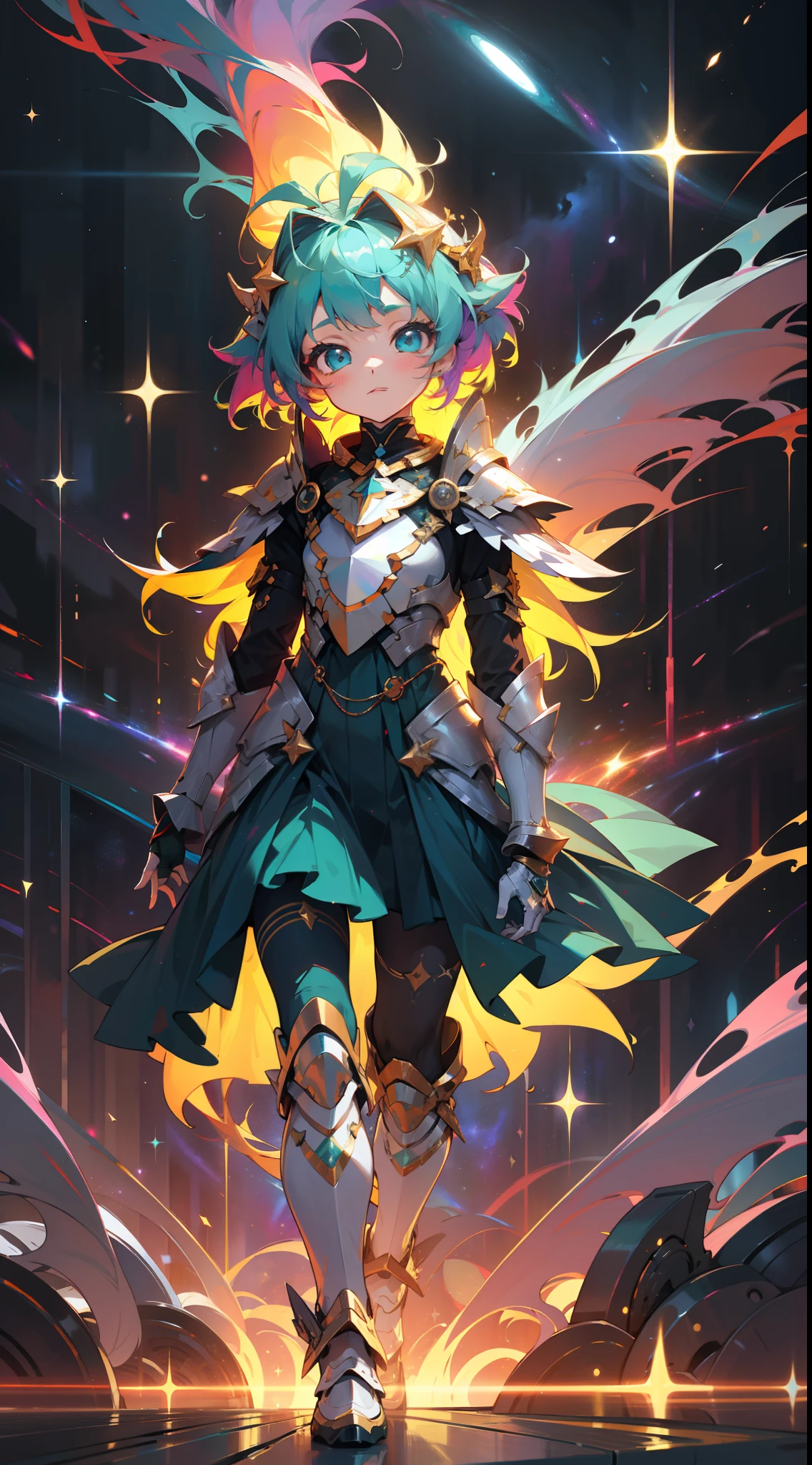 a with rainbow colored hair and teal dress armor, walking in the stars, rainbow colored cosmic nebula background, stars, galaxies