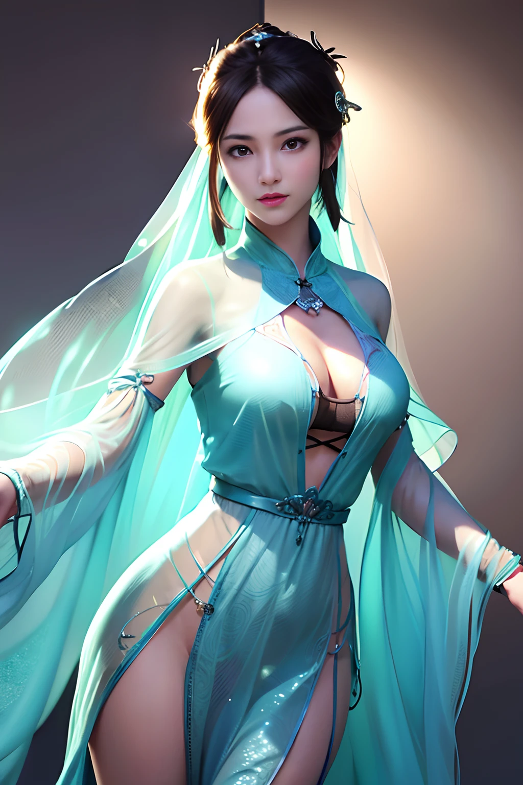 best quality,masterpiece,extremely Detailed details,high resolution,8k,intricate details,realistic,photorealistic,dramatic lighting, 1girl,dunhuang_clothes,dunhuang_dress,small breasts,partially hidden by the clothing,(see-through:1.3),Through a thin veil,glimpses of breasts are visible,creating an alluring and suggestive effect,reveals glimpses of her skin and the contours of her chest, cowboy shot,dancing,
