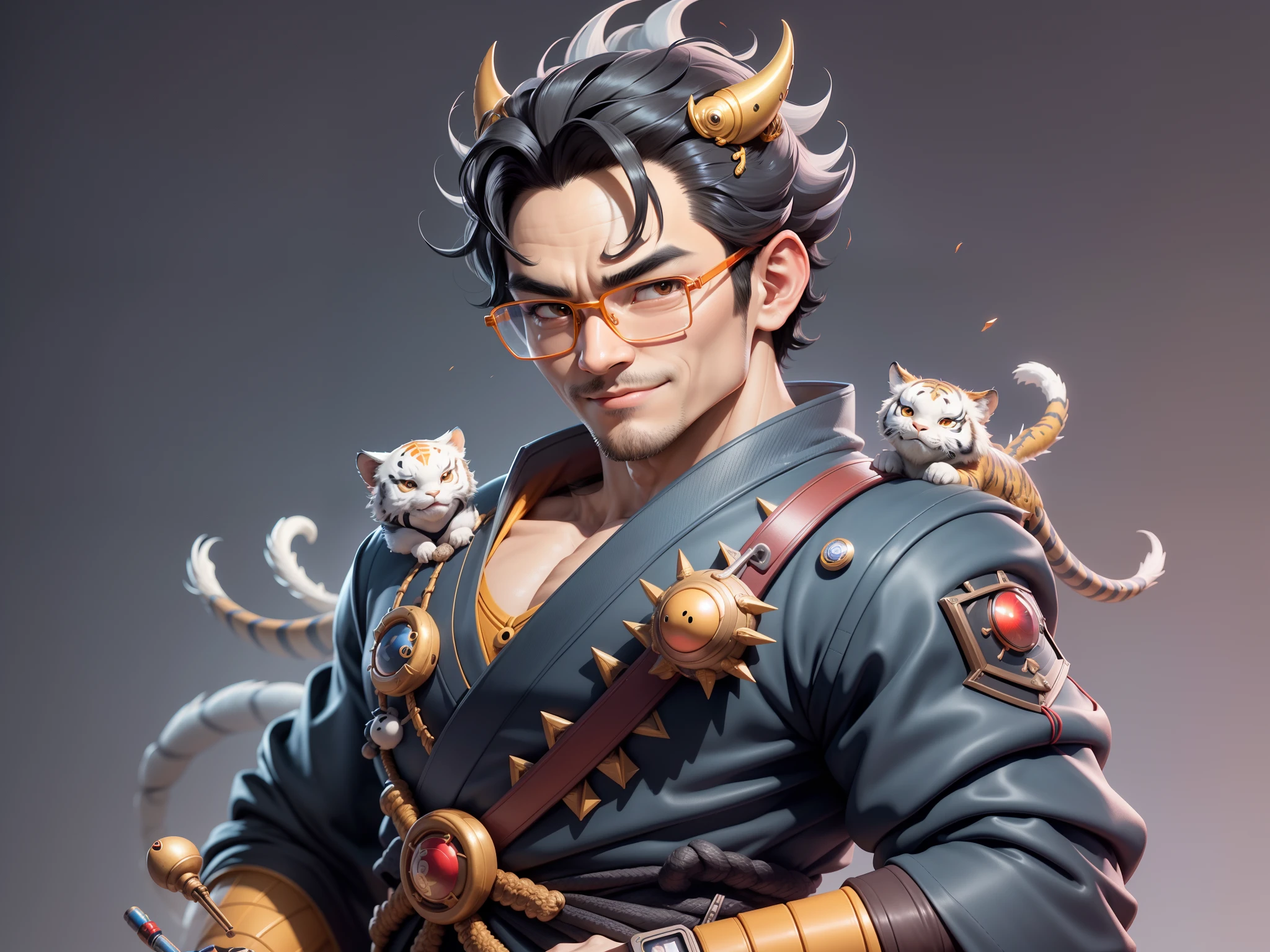 (Masterpiece), (Excellent), (Super Meticulous), (Full Body: 1.2), Super Young Man with Japanese Female Geisha, Pretty, Beautiful, Chinese Dragon, Tiger, Wind God Thor, Sexy, Bursting, Oriental Face, TV Anchor, Bust Portrait Illustration, Black Suit, Blue Tie, Slightly Chubby Face, Silver Glasses, Very Clean Face, No Beard on Chin, Black Super Short Hair, Black Eyes, Confident Smile, 3c Computer Sub-Products, iPad, iPhone, Digital Painting, 3D character design by Mark Clairedon and Pixar and Hayao Miyazaki and Akira Toriyama, the illustrations are HD illustrations in 4K resolution with highly detailed facial features and cartoon-style visuals.