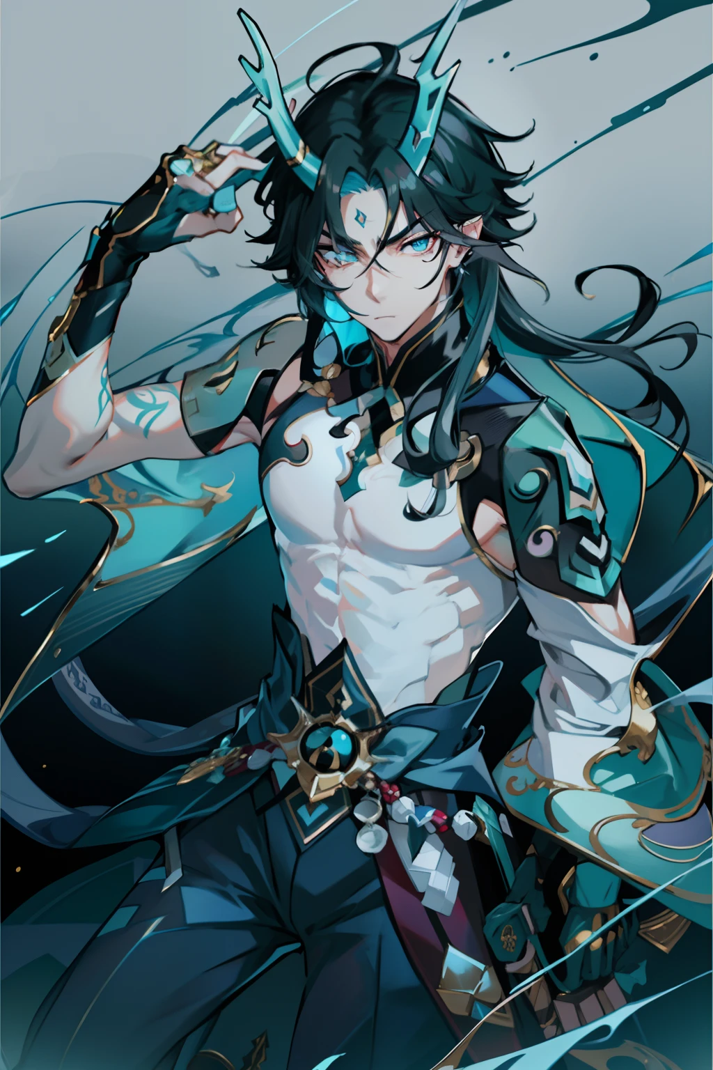 （absurderes，A high resolution，Hyper-detailing，hdr），Dragon's horn，Gold eyes，younge boy，tmasterpiece，best qualtiy，1人，独奏，Handsome，Fine eyes and detailed face，toppless，Tattooed with，arma，pervert smirk，Abs，chest muscle，Raised sexy，Ruffian，Show your temperament，Male，masculine appeal，Male characteristics are distinct，Long messy hair，Arrogant self-confidence，The dignified man holds a weapon，Legs crossed，Imperial Sword Art