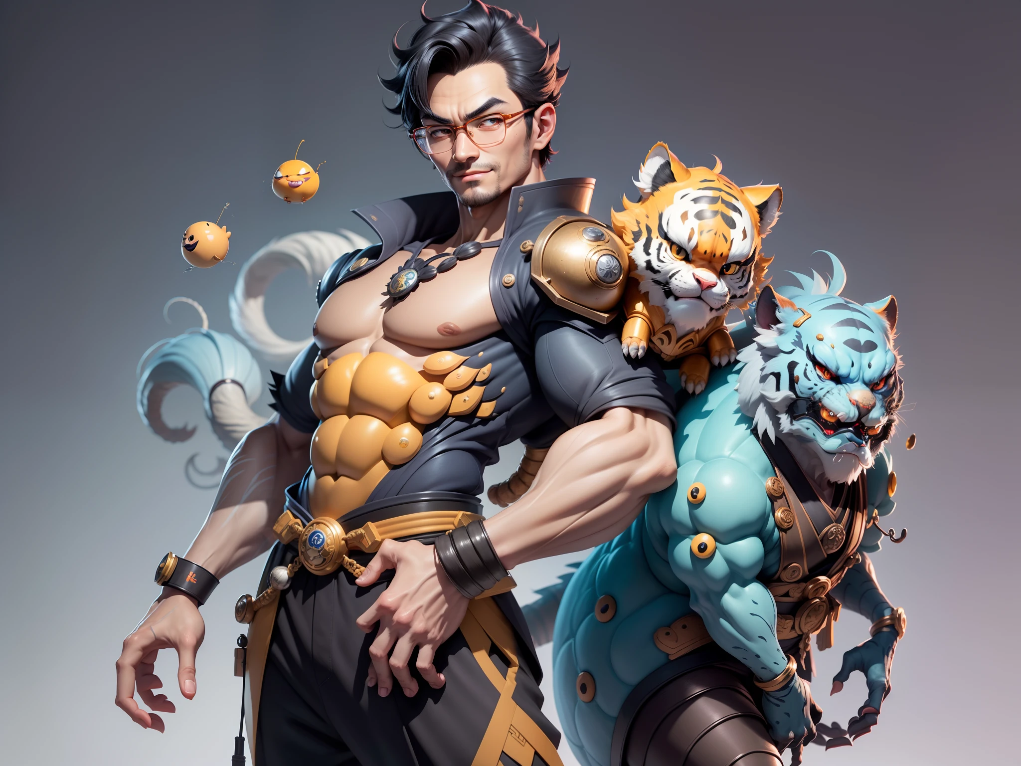 (Masterpiece), (Excellent), (Super Meticulous), (Full Body: 1.2), Super Young Man with Japanese Female Geisha, Pretty, Beautiful, Chinese Dragon, Tiger, Wind God Thor, Sexy, Bursting, Oriental Face, TV Anchor, Bust Portrait Illustration, Black Suit, Blue Tie, Slightly Chubby Face, Silver Glasses, Very Clean Face, No Beard on Chin, Black Super Short Hair, Black Eyes, Confident Smile, 3c Computer Sub-Products, iPad, iPhone, Digital Painting, 3D character design by Mark Clairedon and Pixar and Hayao Miyazaki and Akira Toriyama, the illustrations are HD illustrations in 4K resolution with highly detailed facial features and cartoon-style visuals.