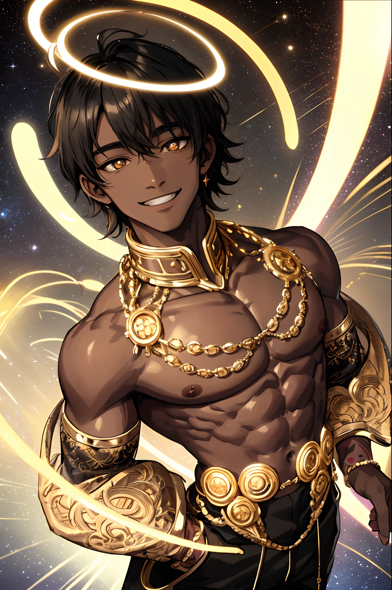 (Intricate details)), cinematic shot, HDR, ((Intricate details, hyper-detailed)), (masterpiece:1.3, high resolution) A muscular black man without a shirt with an aura of bright golden sparkles all around him and smiling with a bright bold halo above his head while in the starry night of space, 1boy, gold pupils, dark skin, short black hair (short hair) black sweatpants, facial features (round face, warm smile, halo, white pupils), glowing aura
