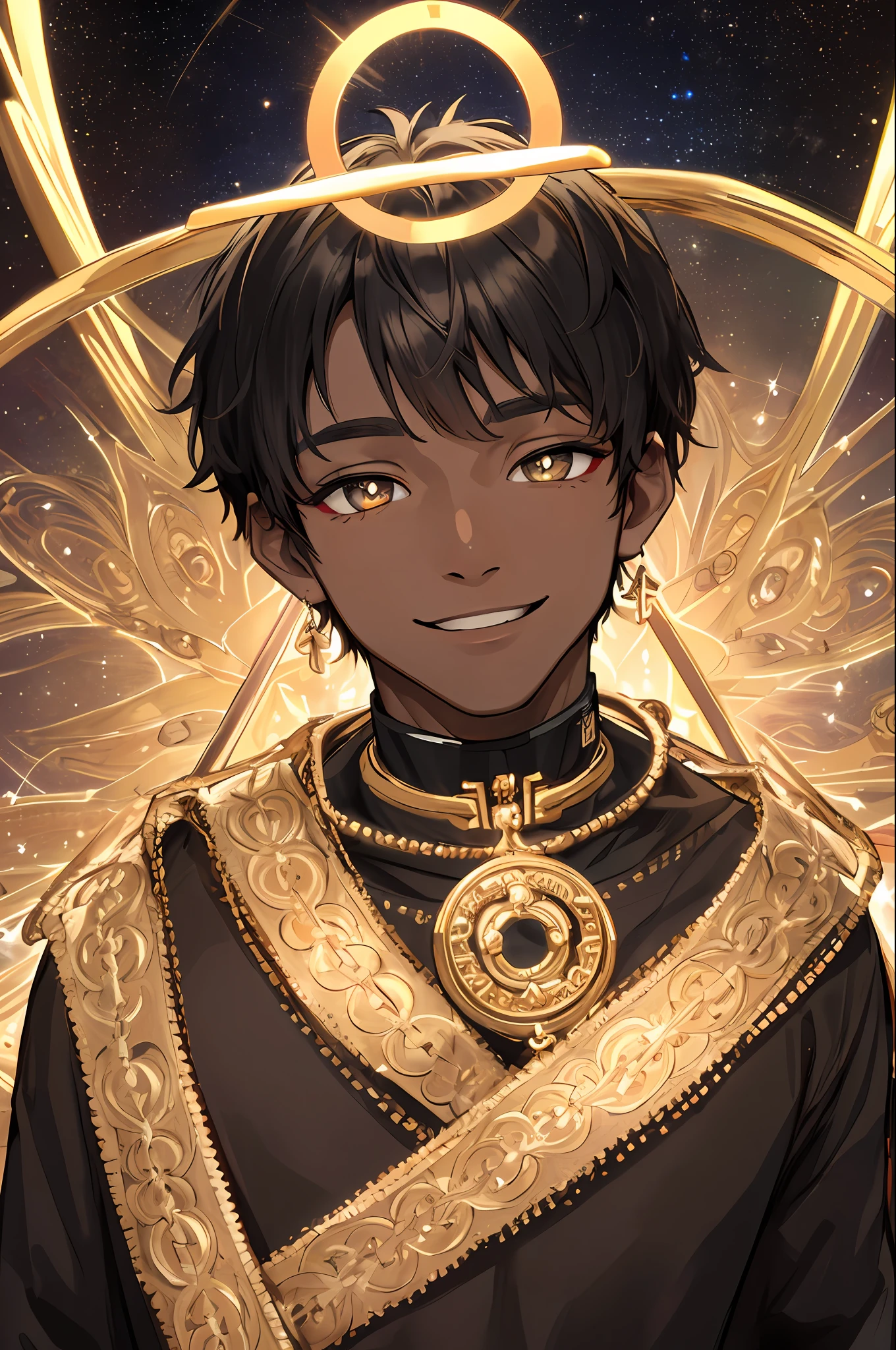 (Intricate details)), cinematic shot, HDR, ((Intricate details, hyper-detailed)), (masterpiece:1.3, high resolution) A muscular black man without a shirt with an aura of bright golden sparkles all around him and smiling with a bright bold halo above his head while in the starry night of space, 1boy, gold pupils, dark skin, short black hair (short hair) black sweatpants, facial features (round face, warm smile, halo, white pupils), glowing aura