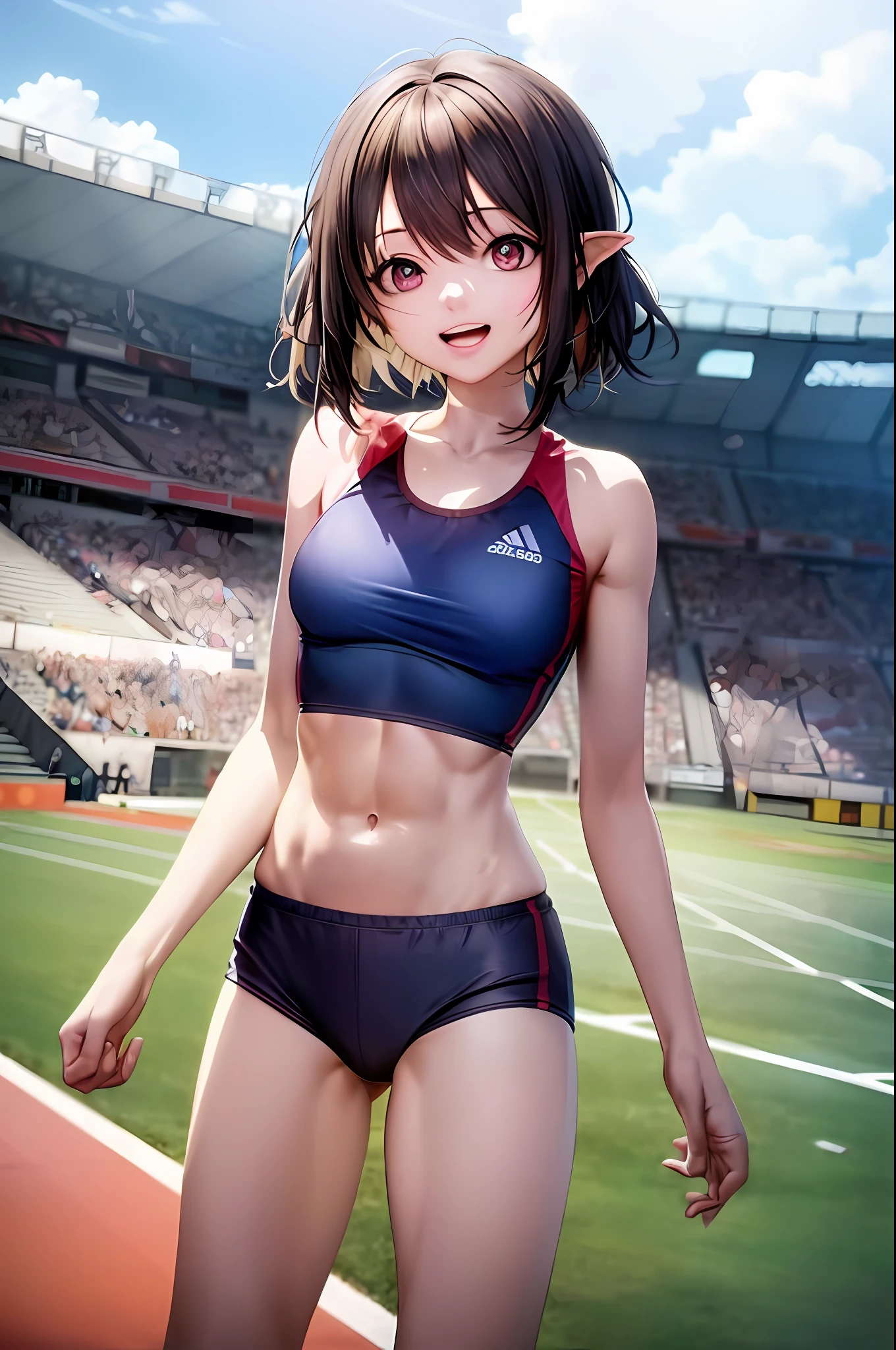 Anime girl in tracksuit posing on track, Body movement, atheletic body, Seductive anime loli，There are clear muscle lines，Abs，Slim figure, Smooth anime CG art, cute sportswear, Detailed digital anime art, Sporty, attractive anime girls, Realistic anime 3 D style, photorealistic anime girl rendering, Photorealistic anime, the anime girl is running, Digital anime illustration, realistic anime artstyle, Digital anime art