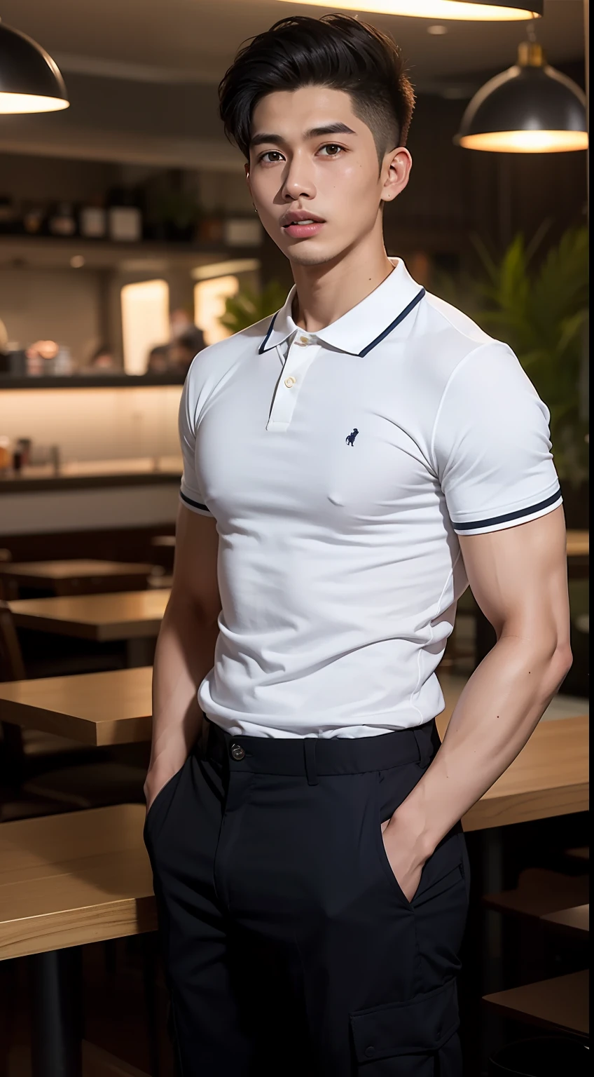 Malay  boy (fattah amin:1.2) age 23 years old wearing polo shirt and cargo pants standing in the busy cafe, skinny boy, short, handsome, small muscle, dark skin, detail skin texture, realistic skin, white sneakers, nighttime,