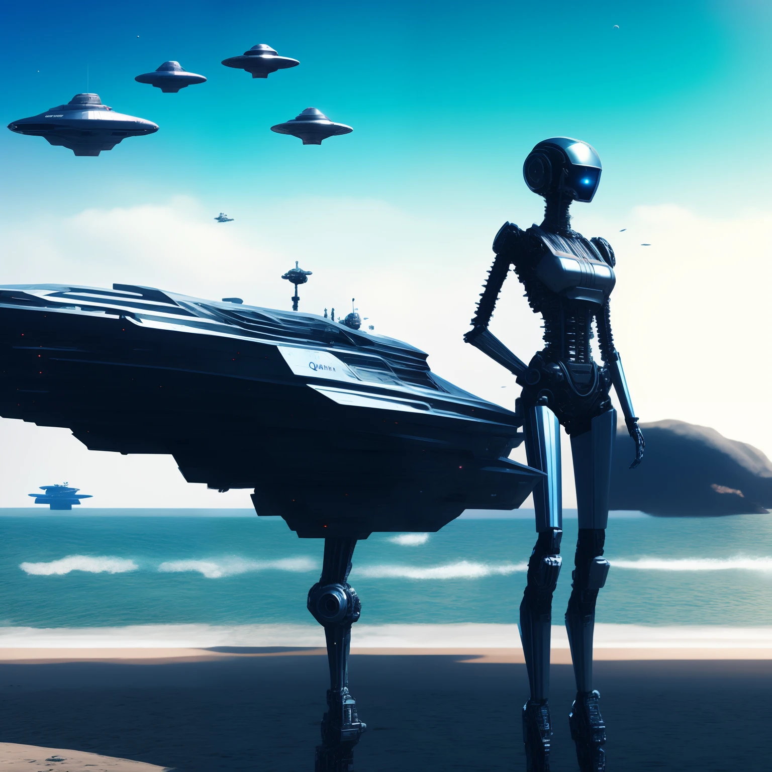 best qualtiy,Refined face,-yeld giSlim body,A body made of metal,Smaller bust,Metallic structural skeleton,beachside,Stand up,sea beach,There are huge spaceships floating in the air,cyber punk perssonage,Sci-fi