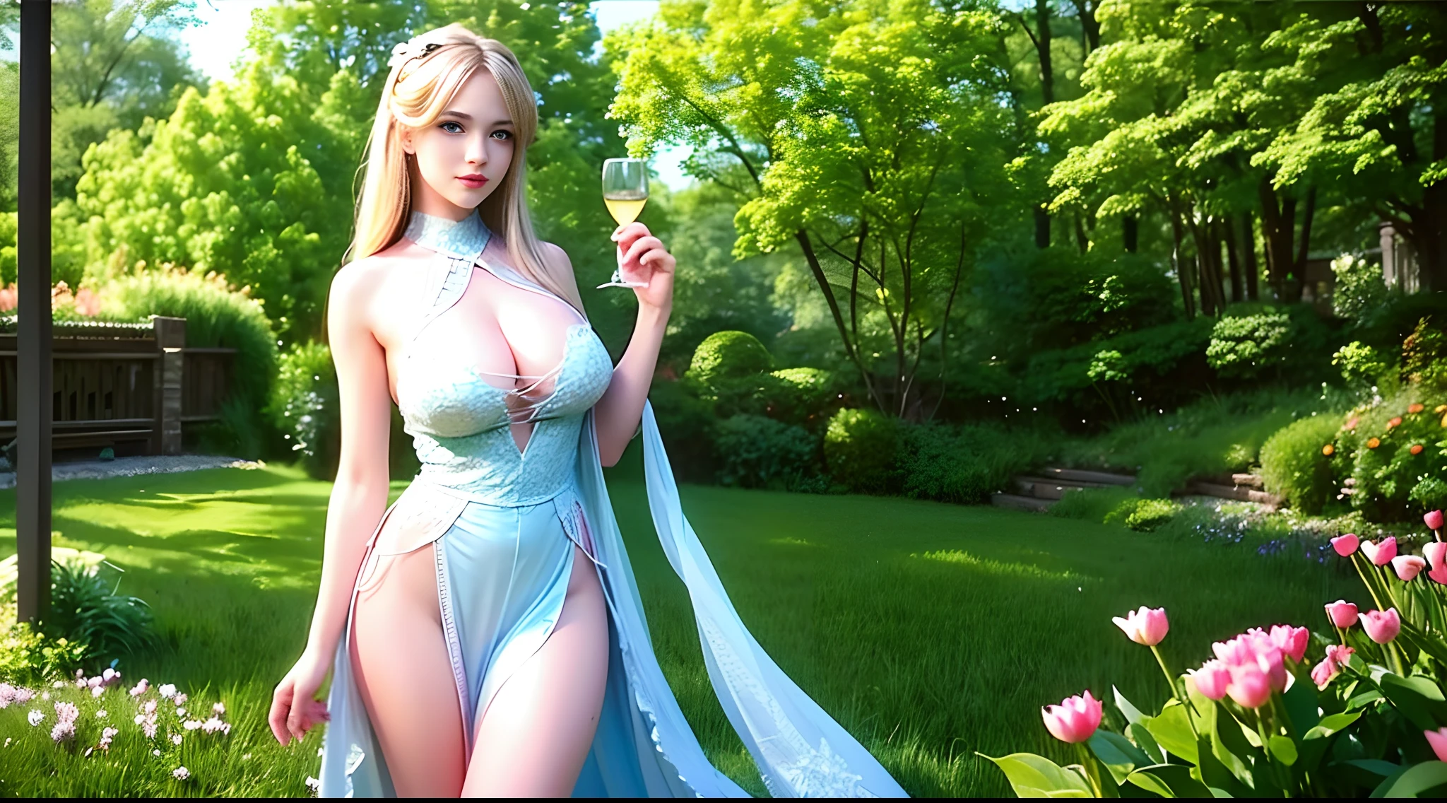 (8k, best quality, masterpiece:1.2), (realistic, photo-realistic:1.5),1girl, (short) (gorgeous) ,cute, sitting, outside,(smile:1.15), (closed mouth) huge breasts, beautiful detailed light blue eyes, (light blonde) (translucent tiny dress: 2.4), dress thorn , puled up) , shows full body, ((topless)),(open legs) ((best quality)),((ultra-detailed)), (no underwear) , (no panties,)bottomless , pretty background, (light blonde) floating hair, naughty face, (big breast), (pretty_pussy) beautiful detailed body, detailed eyes,(best quality), nikon z9, 30mm lens, sharp focused face, f/4, iso 200, shutter 1/250, beauty light, medium shot, raw ,intricately detailed, award winning photograph, good contrast, high sharpness, facial symmetry, bokeh, ultra-detailed