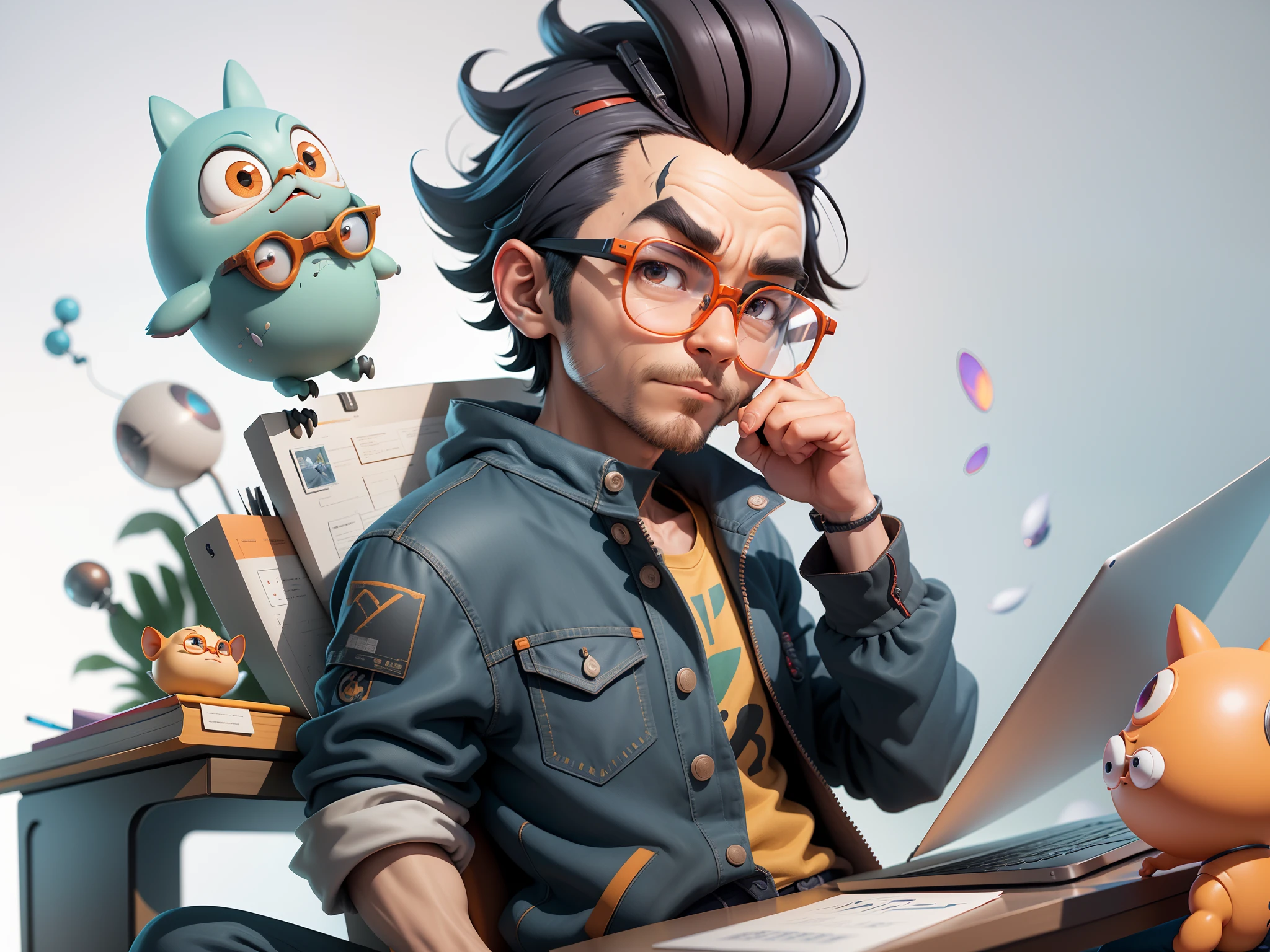 A young man with glasses sits at his desk,holding laptop,digitial painting,3D character design by Mark Clairen and Pixar and Hayao Miyazaki and Akira Toriyama,4K HD illustration,Very detailed facial features and cartoon-style visuals。