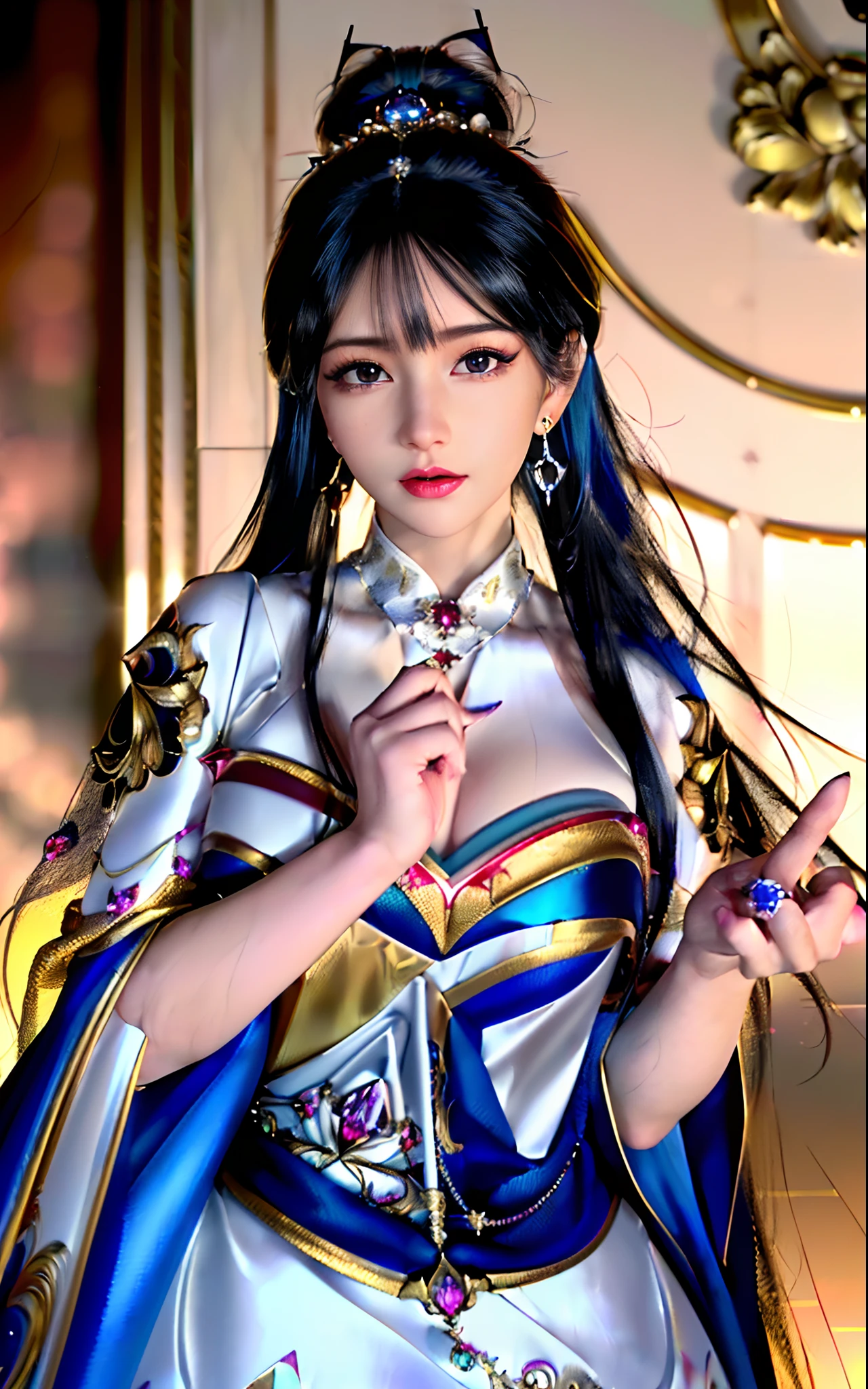 ((realisticity: 1.2)), ((realistic: 8K UHD)), ((best resolution: 8K UHD)), hyper detailed, best quality,masterpiece,highres,cg, ((1 girl hyper detailed and hyper realistic) ) , ((beautiful queen, hyper realistic and hyper detailed)),((white skin, beautiful, smooth, youthful, hyper realistic and hyper detailed )), ((Face hyper beautiful, white, hyper realistic and hyper detailed ) ), long hair, ((hyper realistic and hyper detailed dress)), solo, ((hyper realistic, hyper beautiful, beautiful and hyper detailed jewelry)), ((hyper beautiful deep red and golden yellow dress, hyper realistic and hyper detailed )) , ((Her pretty, hyper realistic, hyper detailed diamond filled earrings)), ((Her gorgeous diamond haircut, hyper realistic and hyper detailed)), ((hyper pretty upper body, hyper beautiful, hyper realistic and hyper detailed) ), ((medium breast: 1.5)), ((hyper realistic, hyper pretty, hyper detailed boobs)),   ((the backgroun of the royal palace is hyper majestic, hyper realistic and hyper detailed)),((hands and palms hyper beautiful, hyper detailed, hyper realistic)), ((fingers: pinky finger, index finger, ring finger, middle finger, and thumb hyper realistic, hyper detailed, hyper beautiful)), ((hyper pretty, hyper pretty, hyper realistic and hyper detailed hair bun)), ((hyper pretty , hyper realistic and hyper detailed blue hair)), candid, Photo, high resolution, 8k , bokeh,