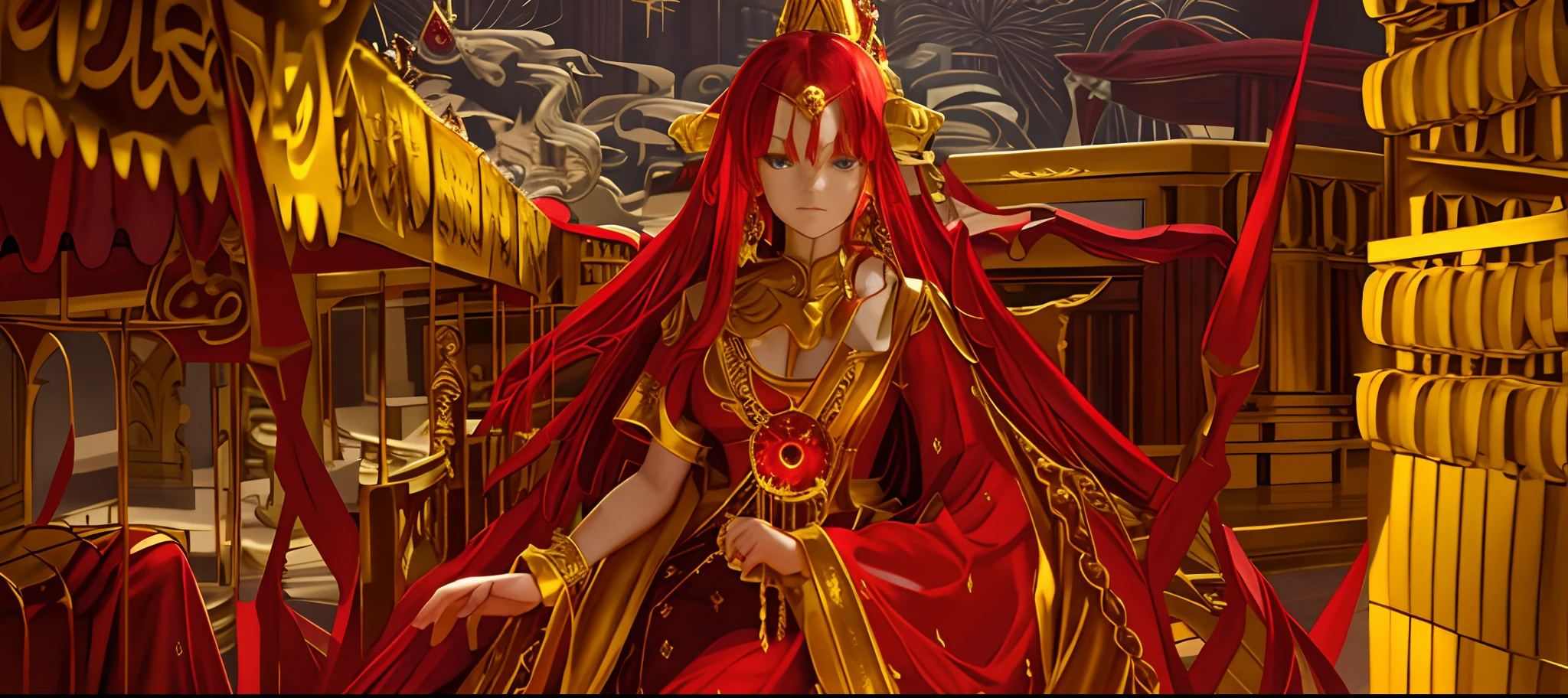 Princess，Sit on the golden throne，cabellos largos dorados，Ruby-like pupil color，apathy，Majesty，red long skirt，Overlooking，Empty palace，brutality，beautiful countenance，Perfect body proportion