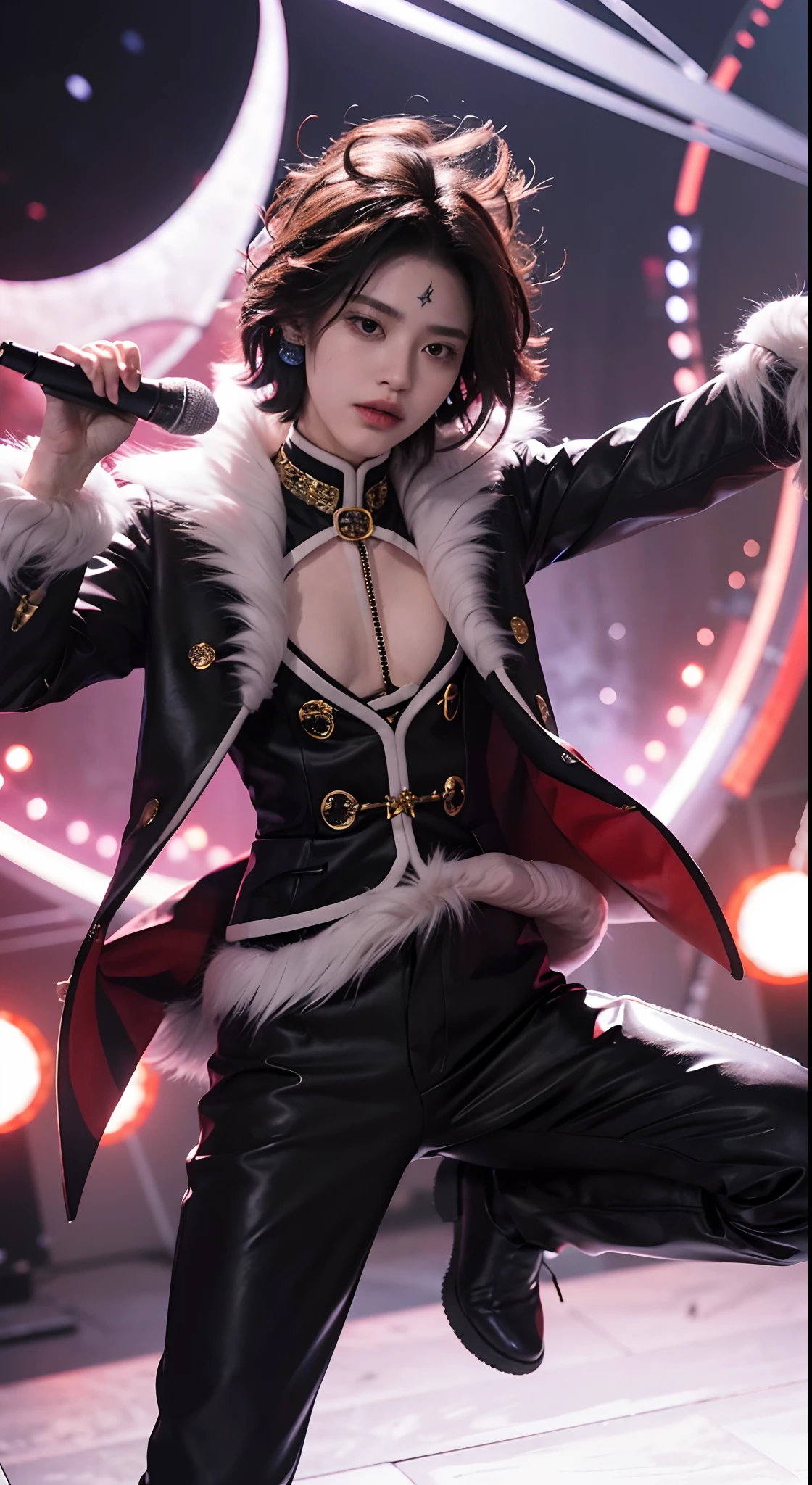 (tmasterpiece,best qualtiy:1.2),独奏,malefocus,1 boy,Crollo Lucifer,face expressionless,fur-trim,Long jacket,sem blusa,Black pantsuit, realisticlying,skin textures,detritos,on stage, gripping a microphone, captured in a full-body shot. fiery atmosphere, bold colors, masculine charisma, masterpiece,UHD