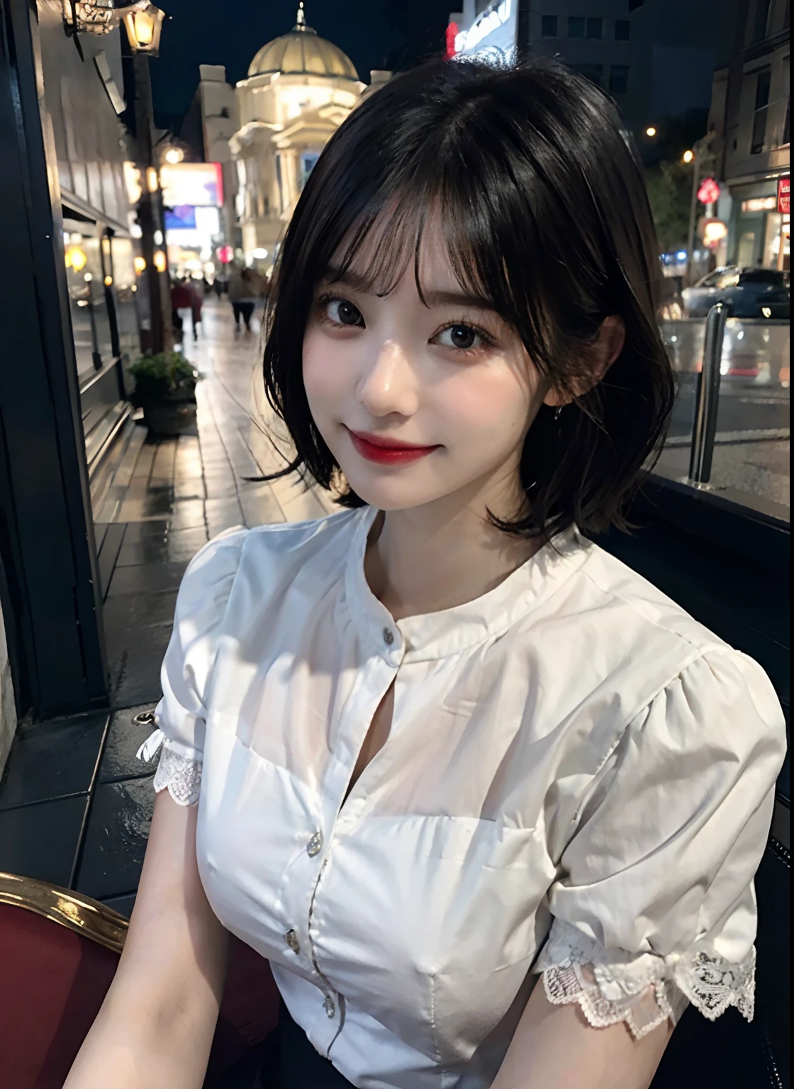 (8K, Best Quality, Masterpiece: 1.2), (Realistic, Realistic:1.37), Ultra Detailed, 1 Girl, Cute, Solo, Beautiful Detailed Sky, Detailed Cafe, Evening, Seated, Dating, (Nose Red), (Smile: 1.15), (Shut Up) Medium Chest, Beautiful Delicate Eyes, (Collared Shirt: 1.1), Night, Wet, Professional, Rain, White Lace, (Short Medium Hair: 1.2), Black Hair NovaFrogStyle,