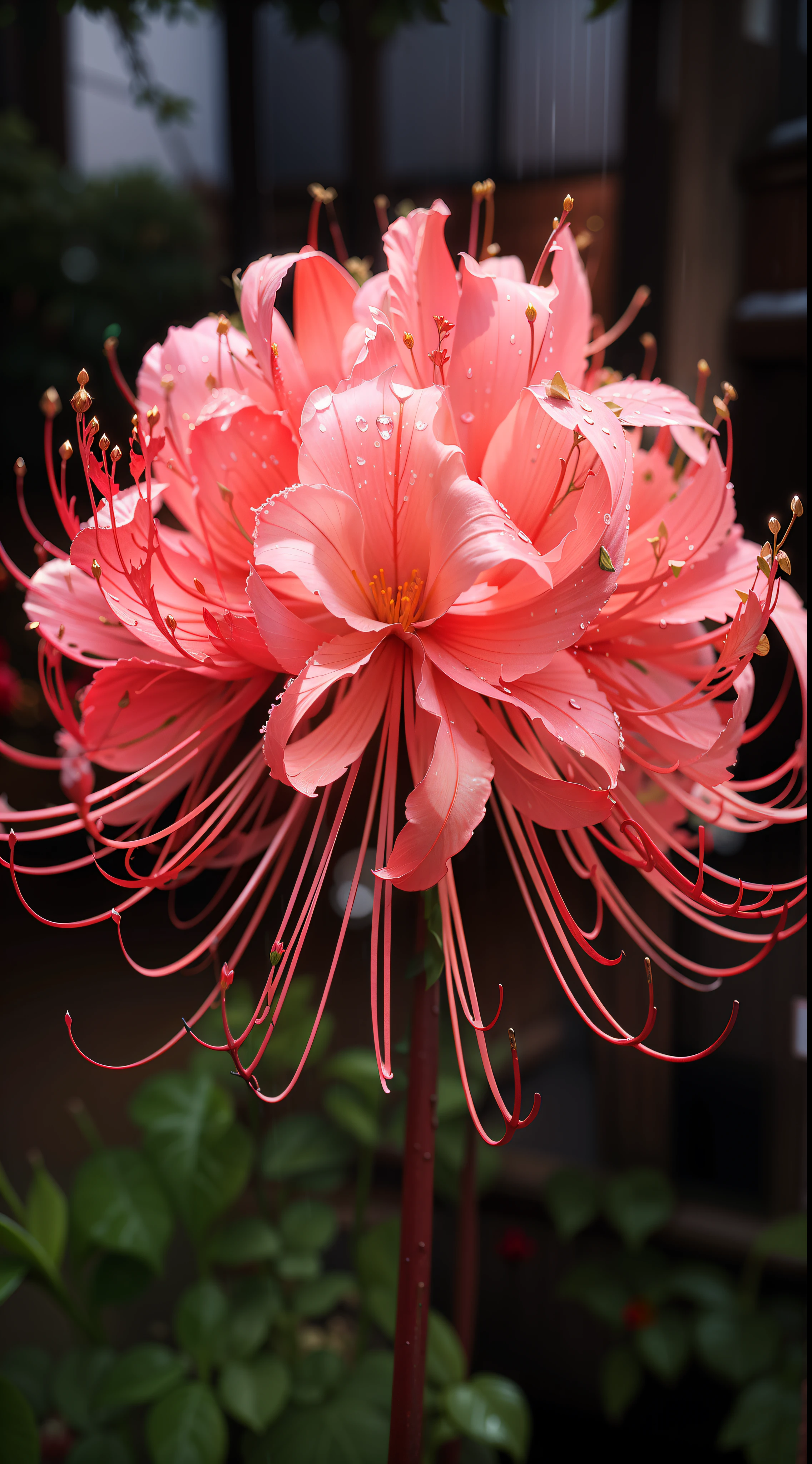 Fantastic background，in the rain，（（top-quality，8K，tmasterpiece：1.3）），Red flowers，Red garlic flowers，Safflower garlic，（A sika deer）