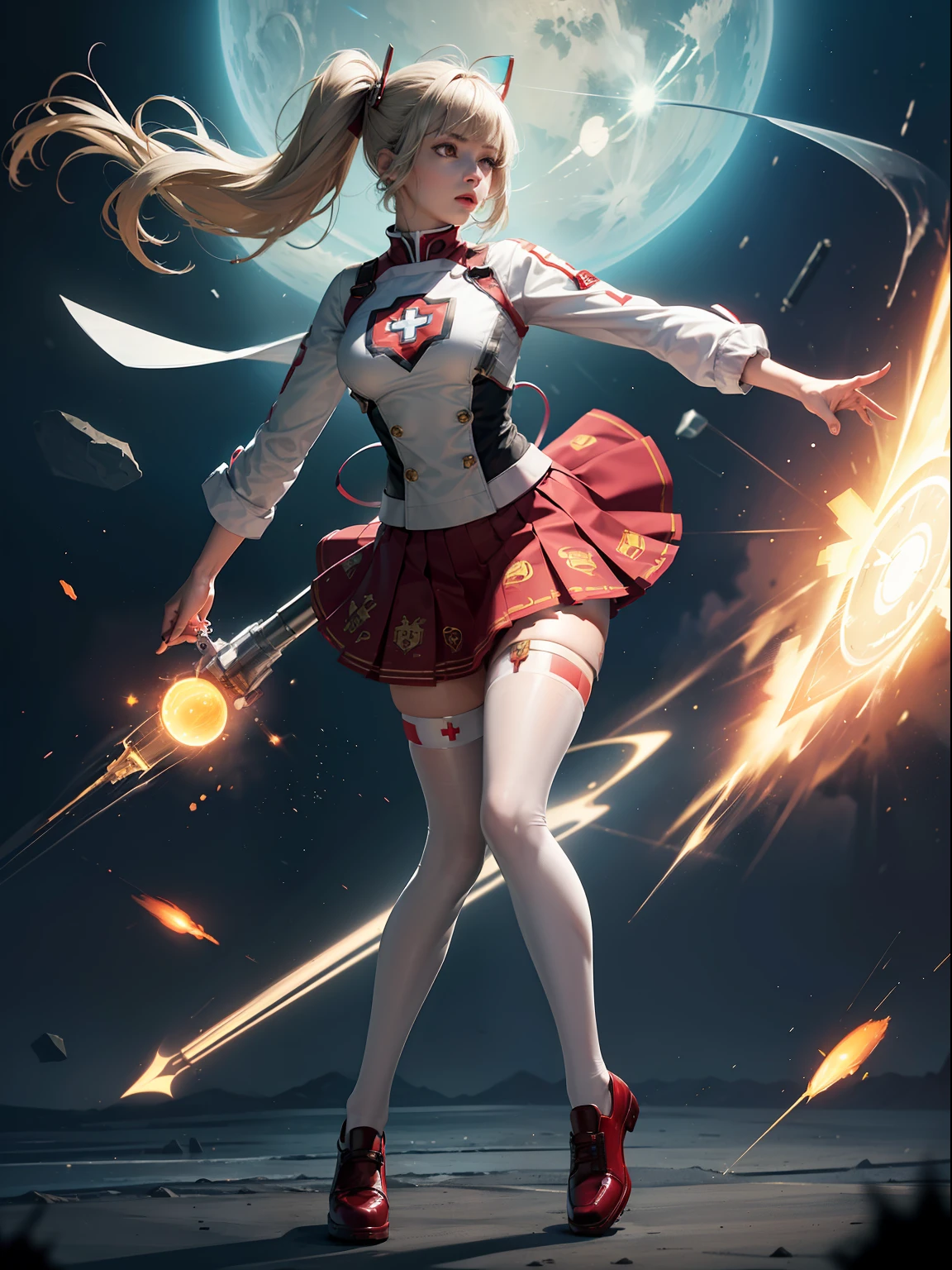 (full body:1.5),(1girl:1.3),(looking at viewer:1.4),(anatomy correct:1.3),(Wearing Iron Man style nurse suit JK uniform printed Ultra short pleated skirt and JK uniform leather shoes with bow decoration ,and Very thick Printed ta Pantyhose :1.35), (Light particle effect:1.3),(In pink | amarelo | blue colors| green color |red colors | white colors| black in color| purpleish color| greys| Beige| Flesh color 1.4),(Glowing eyes:1.3),(Large amplitude action: 1.3),(Accurate and perfect face:1.4),(Clothing Gloss:1.25),(Skin reflection:1.25),hyper HD, Ray traching, reflective light,structurally correct, Award-Awarded, high detal, lightand shade contrast, Face lighting,cinmatic lighting, tmasterpiece, super detailing, high high quality, high detal, best qualityer, 16k,high contrast,