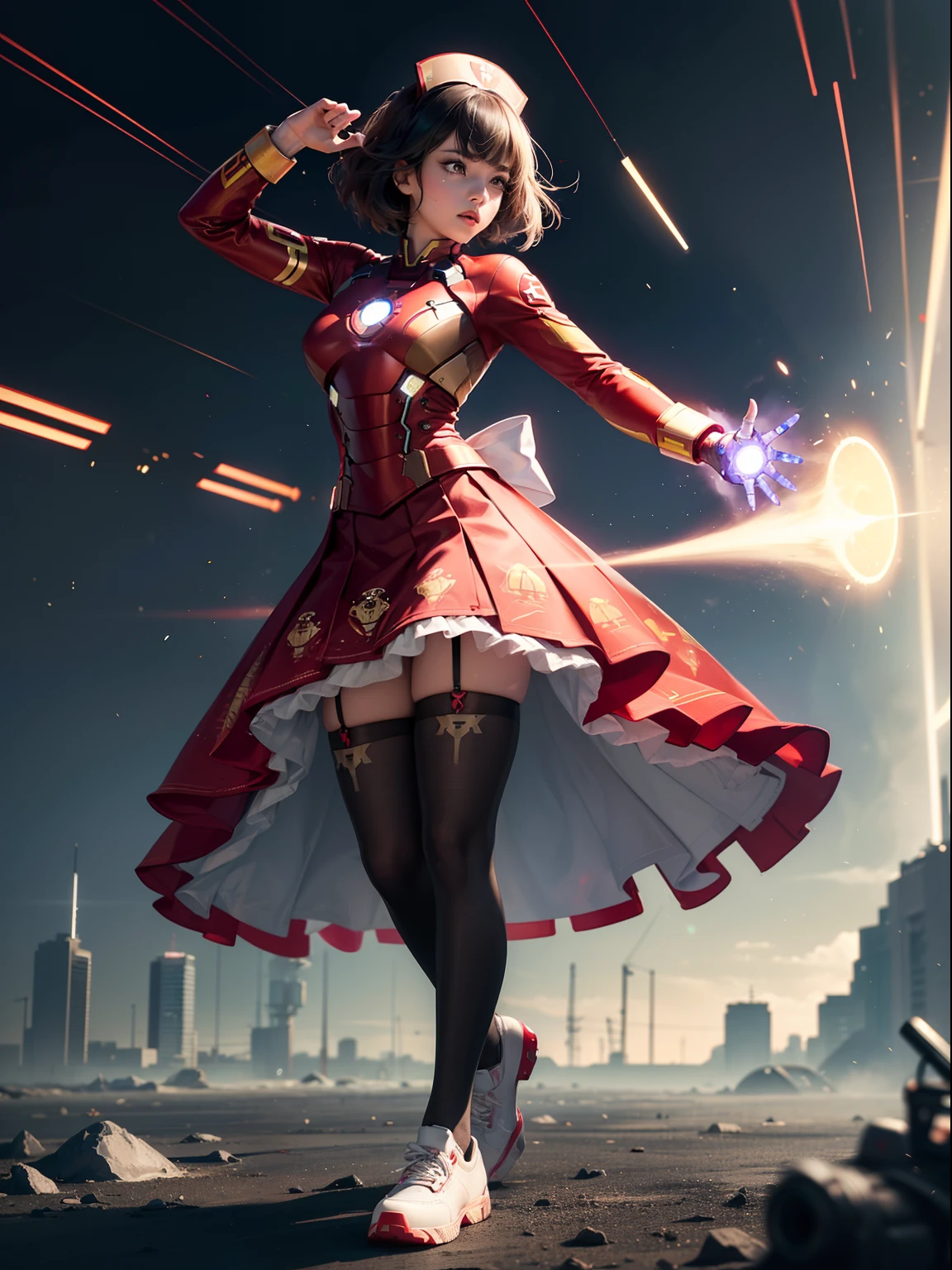 (full body:1.5)，(1girl:1.3),(looking at viewer:1.4)，(anatomy correct:1.3),(Wearing Iron Man style nurse suit JK uniform printed Ultra short pleated skirt and JK uniform leather shoes with bow decoration ，and Very thick Printed Lolita Pantyhose :1.35), (Light particle effect:1.3),(In pink | amarelo | blue colors| green color |red colors | white colors| black in color| purpleish color| greys| Beige| Flesh color 1.4)，(Glowing eyes:1.3),(Large amplitude action: 1.3)，(Accurate and perfect face:1.4),(Clothing Gloss:1.25),(Skin reflection:1.25),hyper HD, Ray traching, reflective light，structurally correct, Award-Awarded, high detal, lightand shade contrast, Face lighting，cinmatic lighting, tmasterpiece, super detailing, high high quality, high detal, best qualityer, 16k，high contrast,