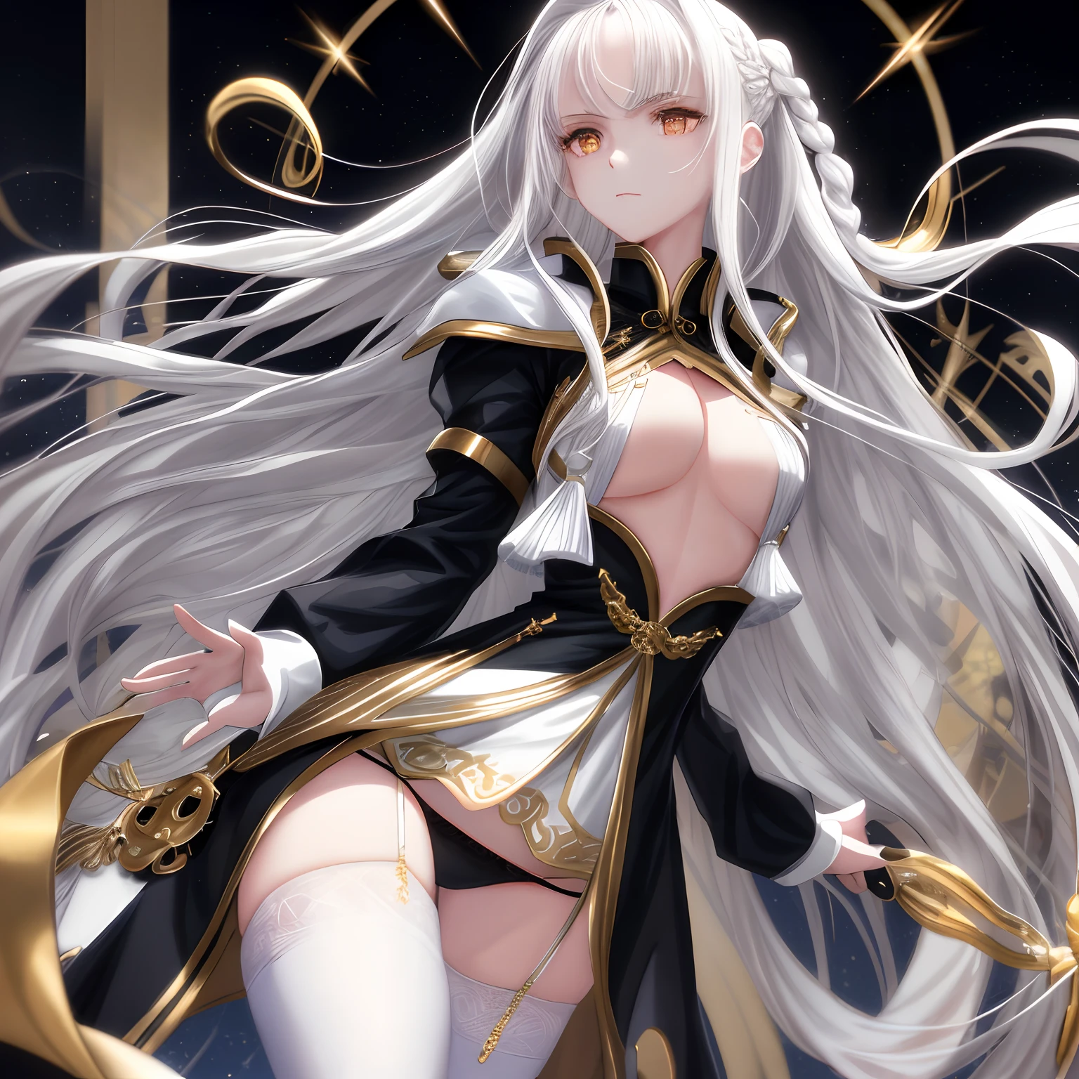 Need,tmasterpiece,whaite hair,Golden eyes,Manteau blanc,Look up,full bodyesbian,Hairline,Bigchest，nedium breasts，Fair skin,SideBraid，white stockings，4k wallpaper，Black panty