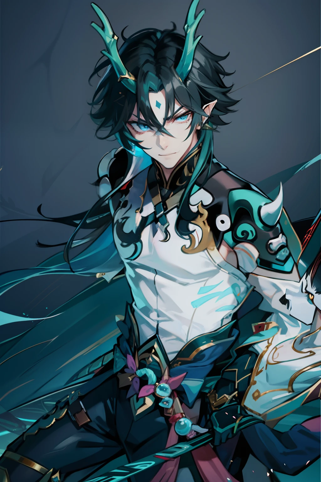 (absurderes,A high resolution,Hyper-detailing,hdr),Dragon's horn,Gold eyes,younge boy,tmasterpiece,best qualtiy,1人,独奏,Handsome,Fine eyes and detailed face,toppless,Tattooed with,arma,pervert smirk,Abs,chest muscle,Raised sexy,Ruffian,Show your temperament,Male,masculine appeal,Male characteristics are distinct,Long messy hair,Arrogant self-confidence,The majestic man holds a spear,Legs crossed,Volley