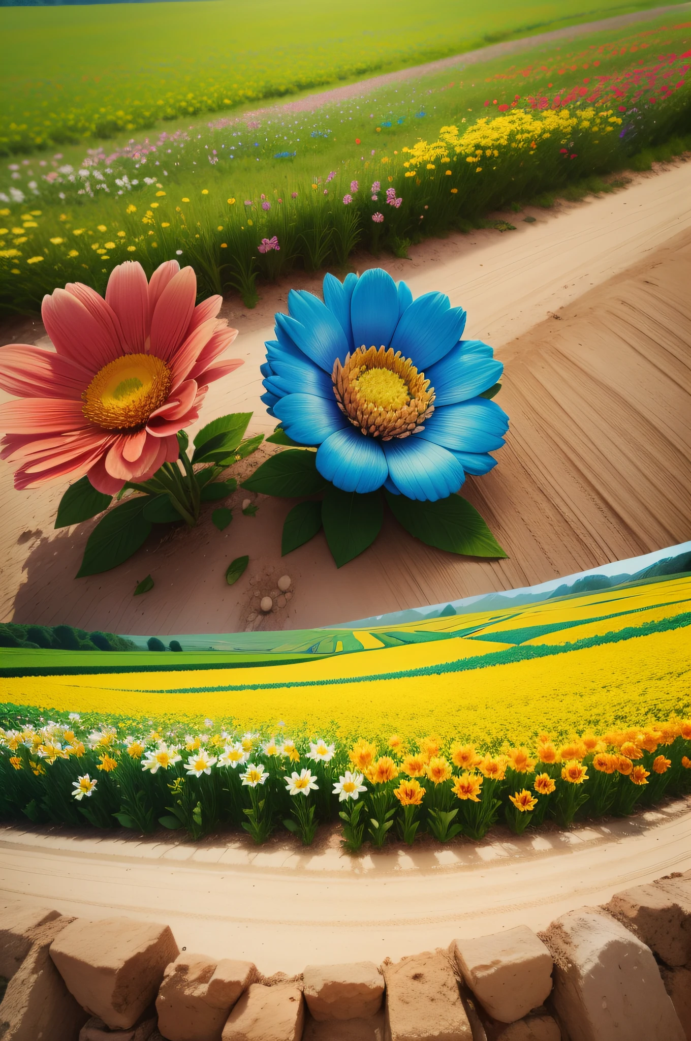 3D, There are many flowers of different colors in a field, Prado de flores, flores amarelas cor-de-rosa, Campo de flores mistas, flores do prado, flores bonitas, flores silvestres coloridas, explosion of colorful flowers, campo de fundo das flores, flores do campo, flor cercada, explosion of flowers, magical colorful flowers, Flores silvestres, flor!!!!, flores e flores, Campo de flores de fantasia, muitas flores 3D