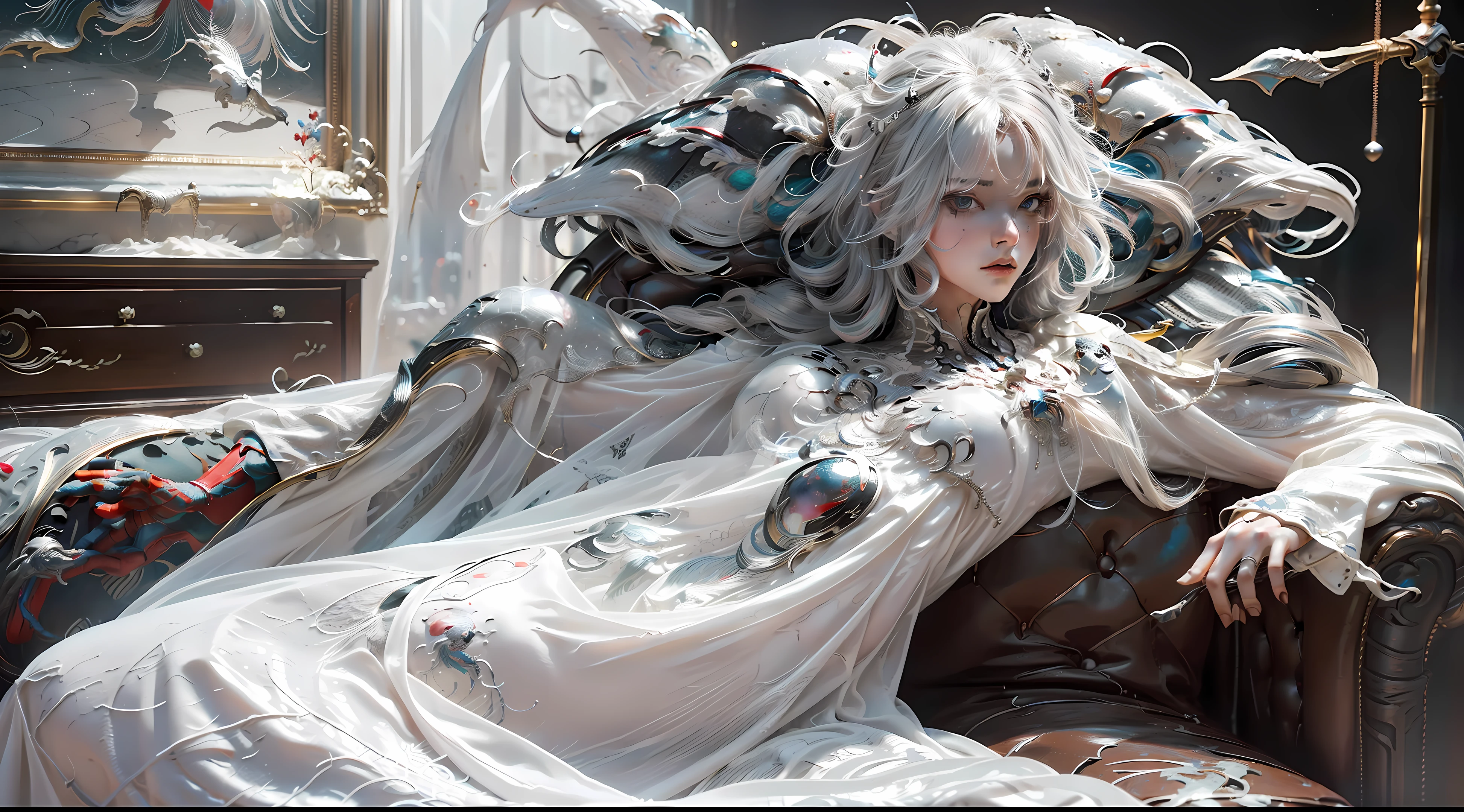 (Extreme Detail CG Unity 8K wallpaper、masterpiece、top-quality)、(exquisite lighting and shadow、highly dramatic picture、cinematic lens effects)、Girl in white armor、Silver-gray hair color、Spider-Man Parallel Universes、Wenger、Marvel、spider-man、sitting in the couch、Dynamic poses)、(excellent details、outstanding lighting、wide angles)、(Excellent rendering、Enough to stand out in its class)、 White Spider-Man costume、Focus on complex spider textures