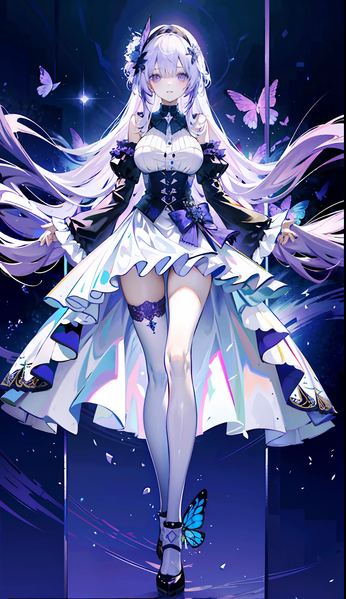 silber hair,butterflys,long whitr hair,8k wallpaper,detailedbackground,Highest high resolution,deep v big breasts,Hair covers one eye,Bandeau,chies,Purple roses,tight-fitting,High socks,stocklings