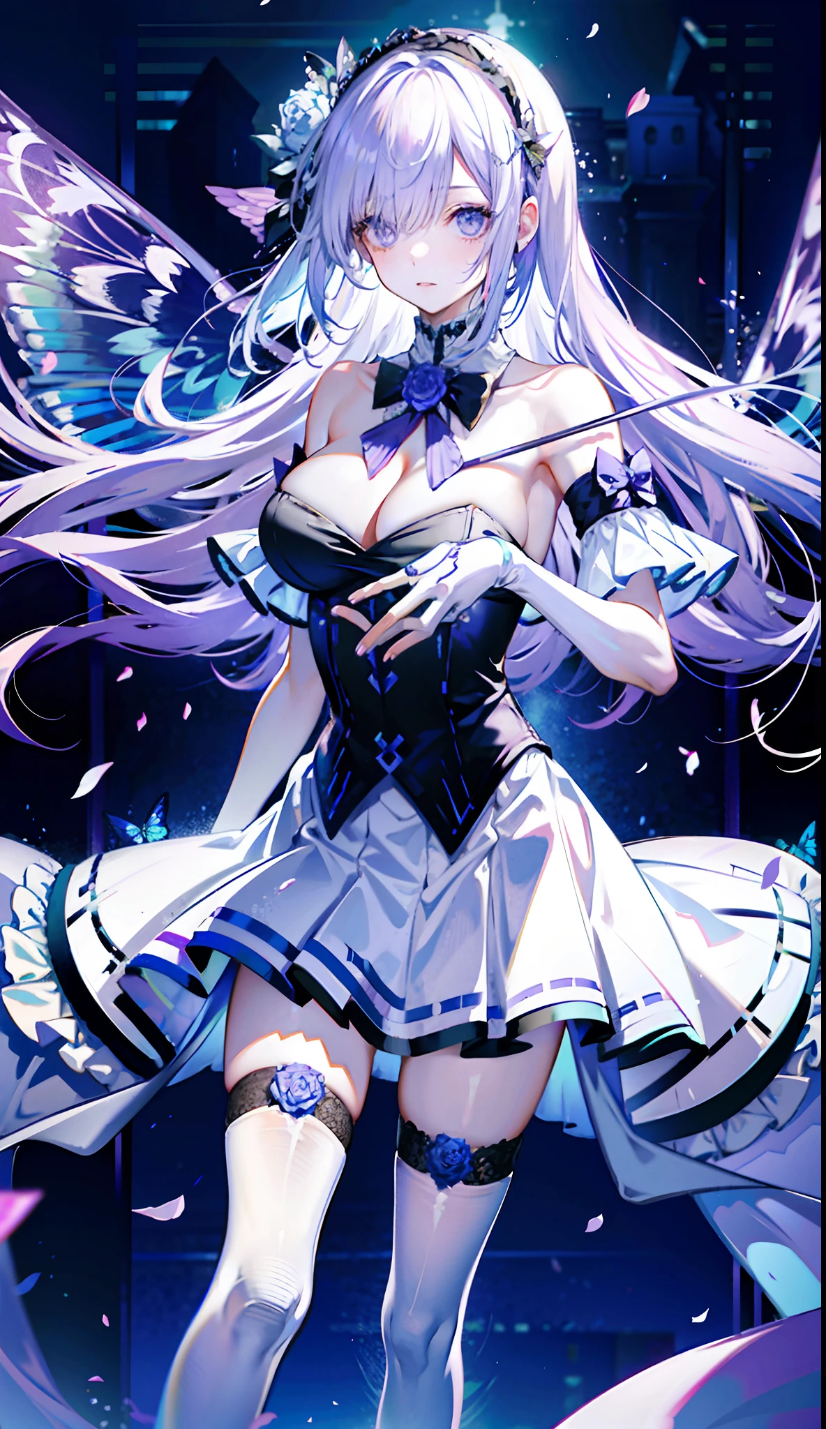 silber hair,butterflys,long whitr hair,8k wallpaper,detailedbackground,Highest high resolution,deep v big breasts,Hair covers one eye,Bandeau,chies,Purple roses,tight-fitting,High socks,stocklings