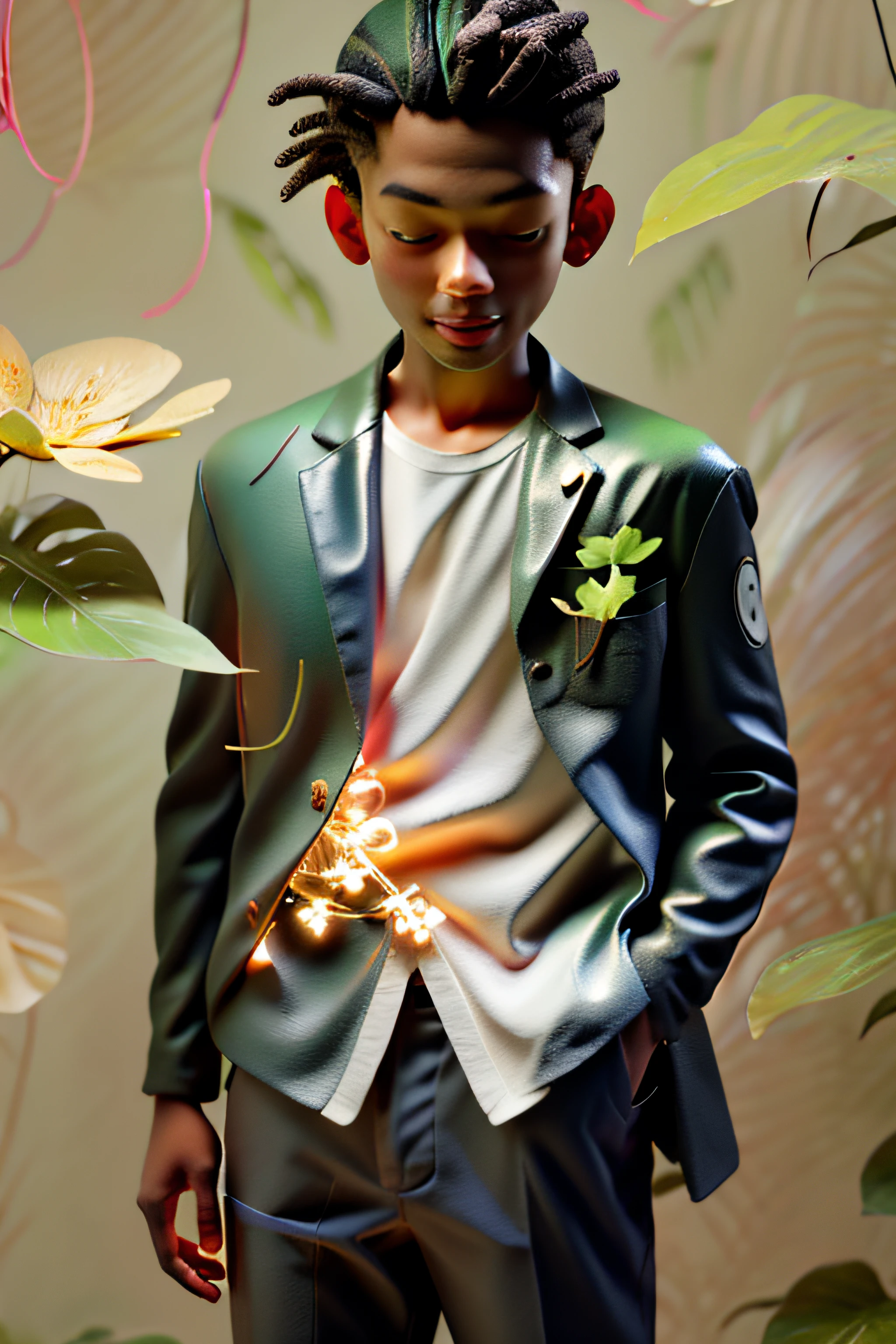green leaf，jungles，Critters, Flowers, Birds，Boy in white shirt，Colorful background，Neon streamers，A boy's face poked his head out of the leaves，（Highest image quality）， （The work of the master）， （Hyper-detailing）， （eye detailed： 1.0）， （light flare lens： 1.0）， （unwind， downy ：1.2）， （Light beauty details：1.0），（ssmile：1.0） ， （{eyeslashes|eye shadows||}），