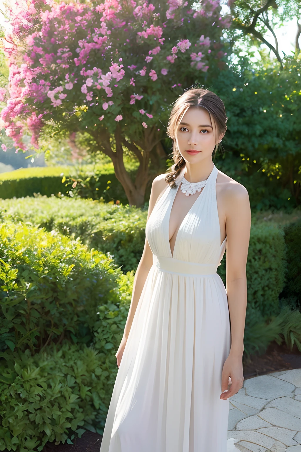 woman, view the viewer, French braided hair , flower halter dress, cleavage,  Garden landscape design, (rim-light)