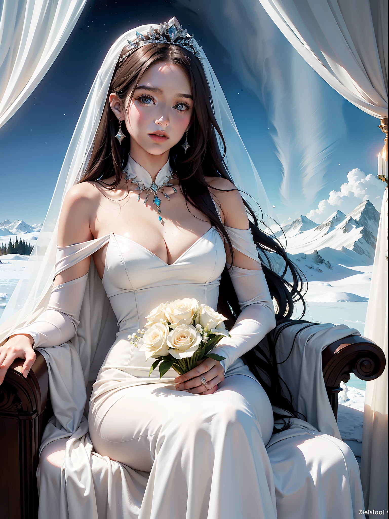 (A masterpie, bestquality, Highest grade, Official Art, aesthetic:1.2), (1girl:1.3), Straight long hair, brown Hair, Very fine, portrait, Watching the viewer, Seul, (fulllllbody:0.6), detailed background, crose up, Luminous eyes, Pale pink lips, soft lips, (Cold Arctic Winter theme:1. 1), wedding dress, bride, Beautiful smile, Mysterious, sitting in chair, White romantic long dress,Colorful bouquets of flowers, Jewelry curtain on background, Dark mystical lighting, shadows, Petals flutter, Starry Night, dutch angle
