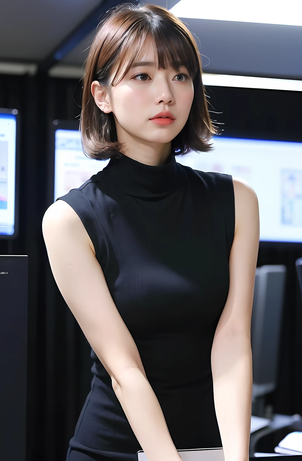 ((8K)、top-quality、​masterpiece、超A high resolution:1.2)Photo Beautiful Japan woman(pleasing:1.1) Elegance、There is a good、Transparent atmosphere、Beautiful face、Gradient lighting、1girl in、Delicate skin、Look into the distance、Brown-eyed、(short hair with bangs:1.2)、(breasts are large:1.0)、(medium areola:0.8)、(realisitic:1.4)、(top-quality:1.0)、(超A high resolution:1.0)、8K、Raw photography、(​masterpiece:0.2)、(pureerosface）、Contrast Trim Polo Neck Bodycon Dress、Onepiece、Polo shirt style dresses、Sleeveless、The shirt、Tight silhouette、want me、Take your eyes off、s Office、There are many computers lined up、Lots of desks、Large office、erect through、total darkness、subject、Lean、Hang your employee ID card from your neck、Having a file、deep in the night、Ass big、Kinda chubby、Bangs shed to the side、organize your hairstyle well、Put your ears out、looking-down、Looking up from the floor、