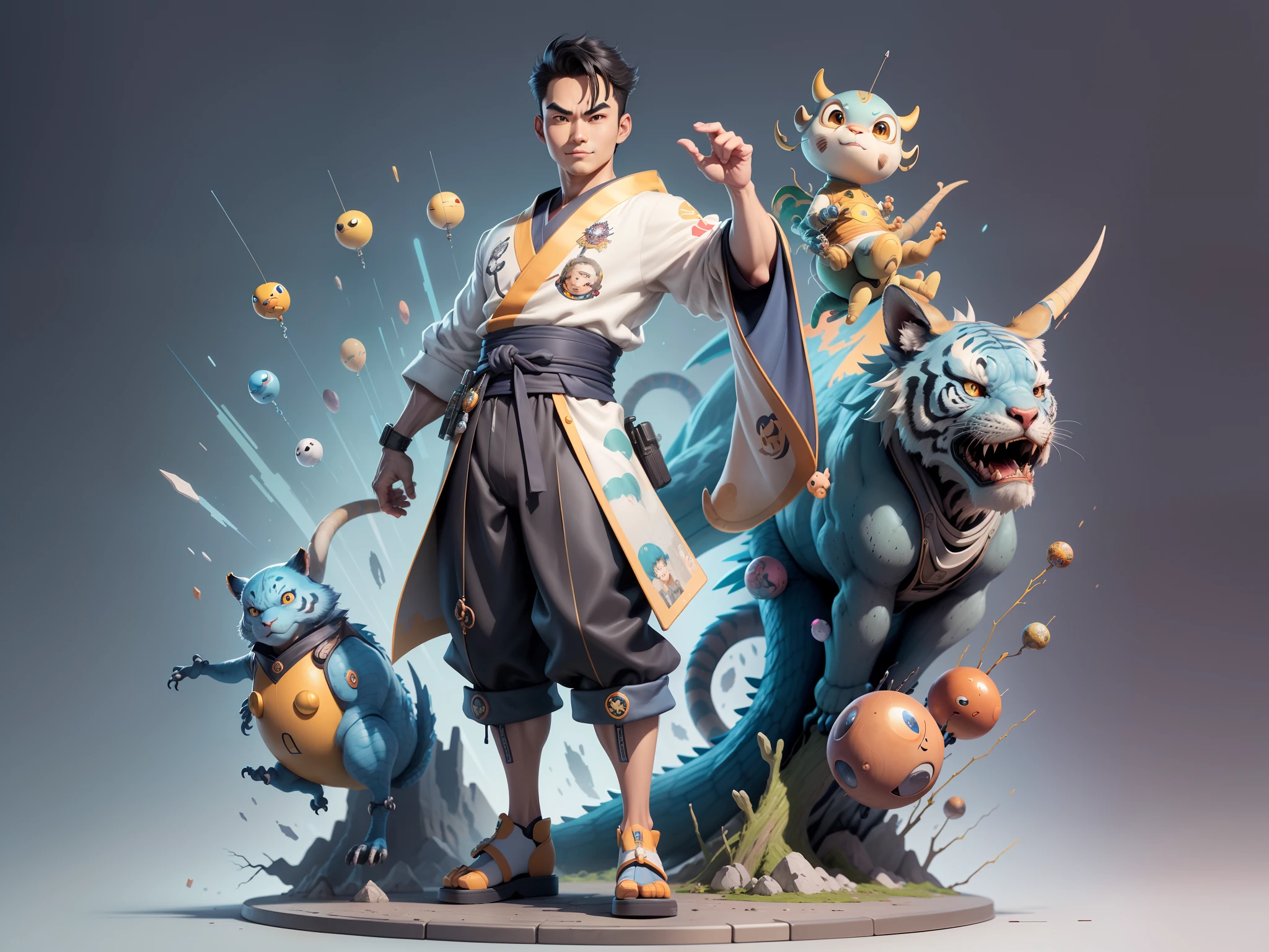 (Masterpiece), (Excellent), (Super Meticulous), (Full Body: 1.2), Super Young Man, Oriental Face, Japanese Kimono, Japanese Wind Thunder God, Dragon, Tiger, TV Anchor, Bust Portrait Illustration, Alone, Black Suit, Blue Tie, Slightly Chubby Face, Very Clean Face, No Beard, Black Super Short Hair, Black Eyes, Confident Smile, 3c Computer Sub-Products, iPad, iPhone, Digital Painting, 3D Character Design by Akira Toriyama and Mark Claireden and Pixar and Hayao Miyazaki, The illustration is a high-definition illustration in 4K resolution with very detailed facial features and cartoon-style visuals.